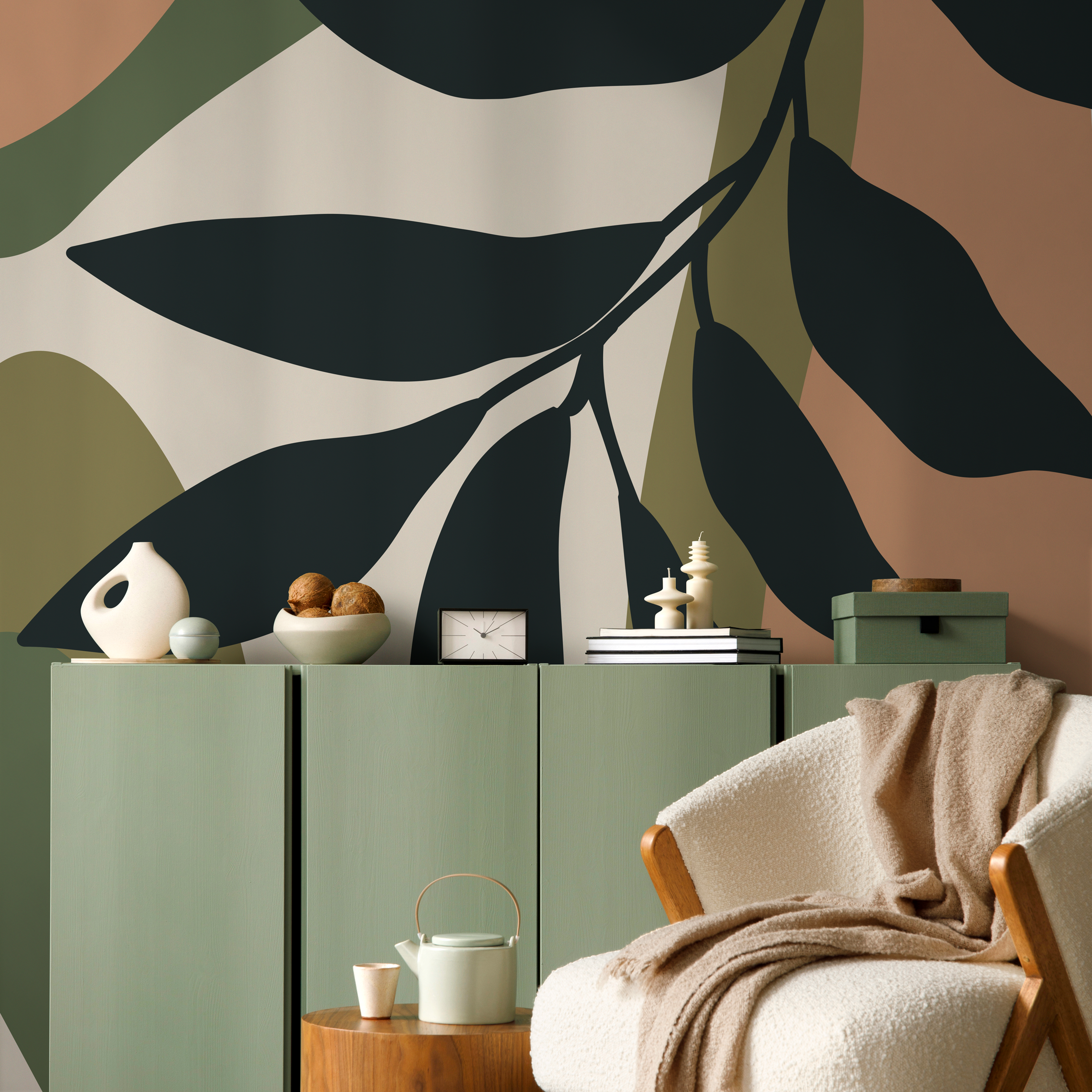 Abstract Botanical Wallpaper In Charcoal, Green, And Terracotta - C015