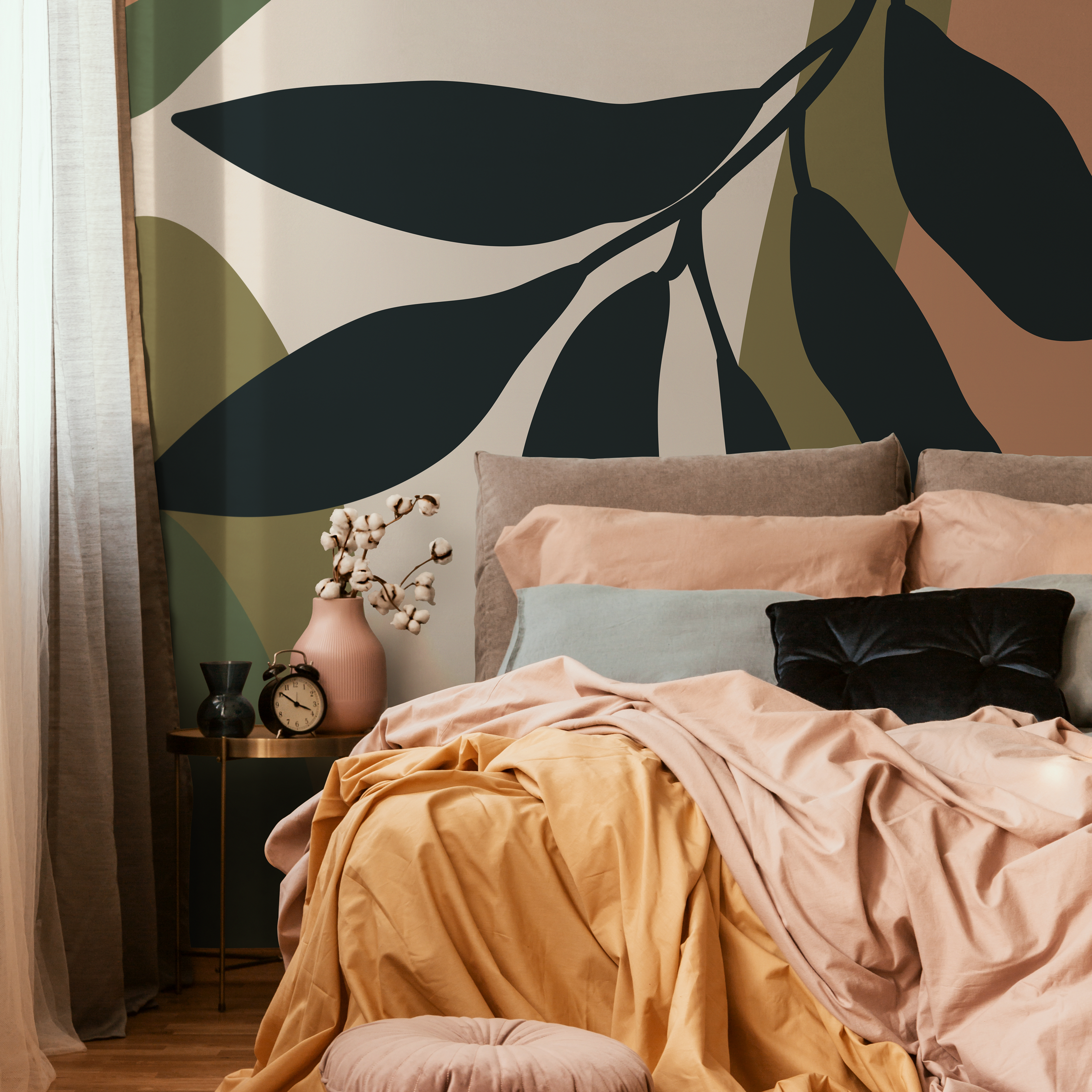 Abstract Botanical Wallpaper In Charcoal, Green, And Terracotta - C015