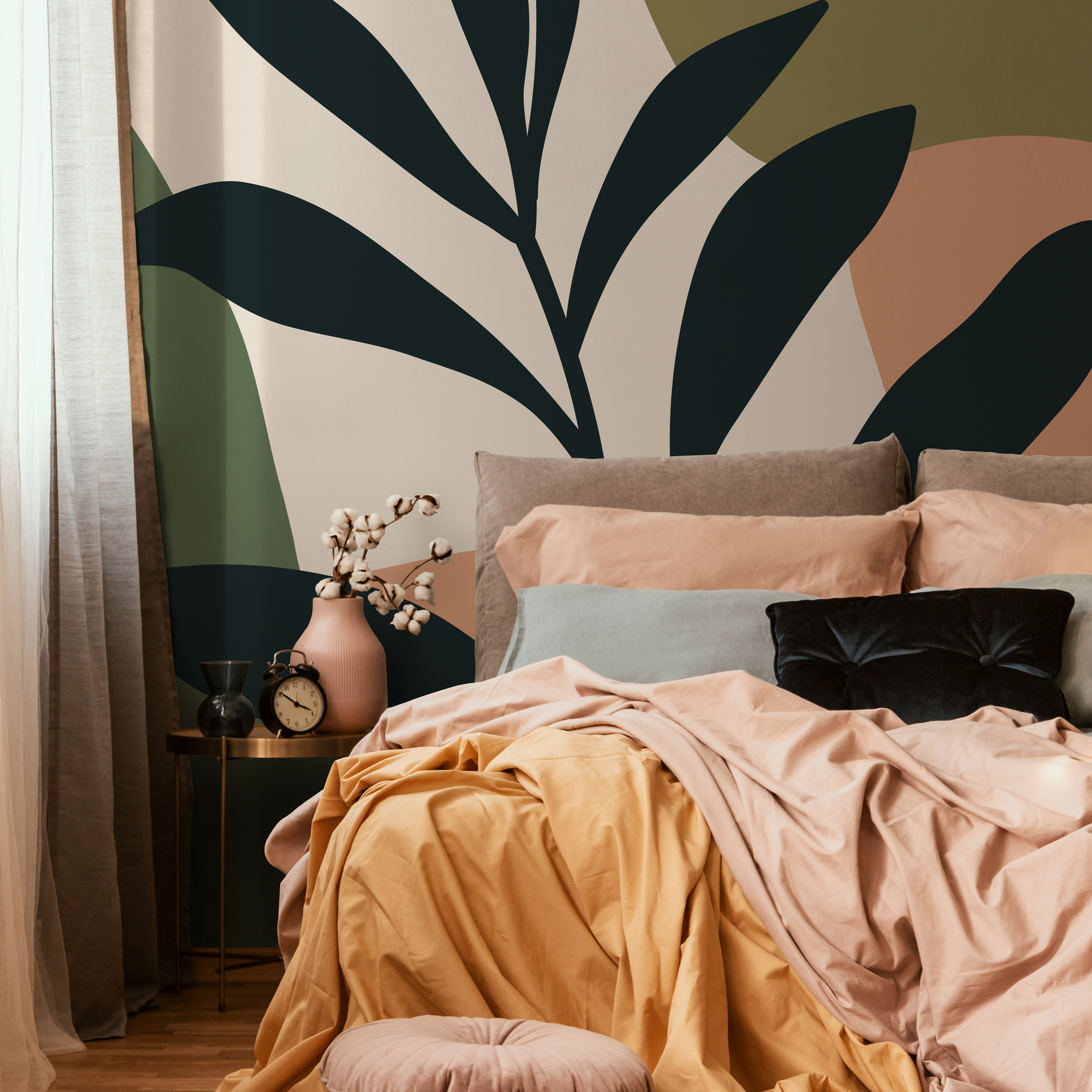 Botanical Wallpaper With Abstract Shapes In Green, Black, And Terracotta - C016