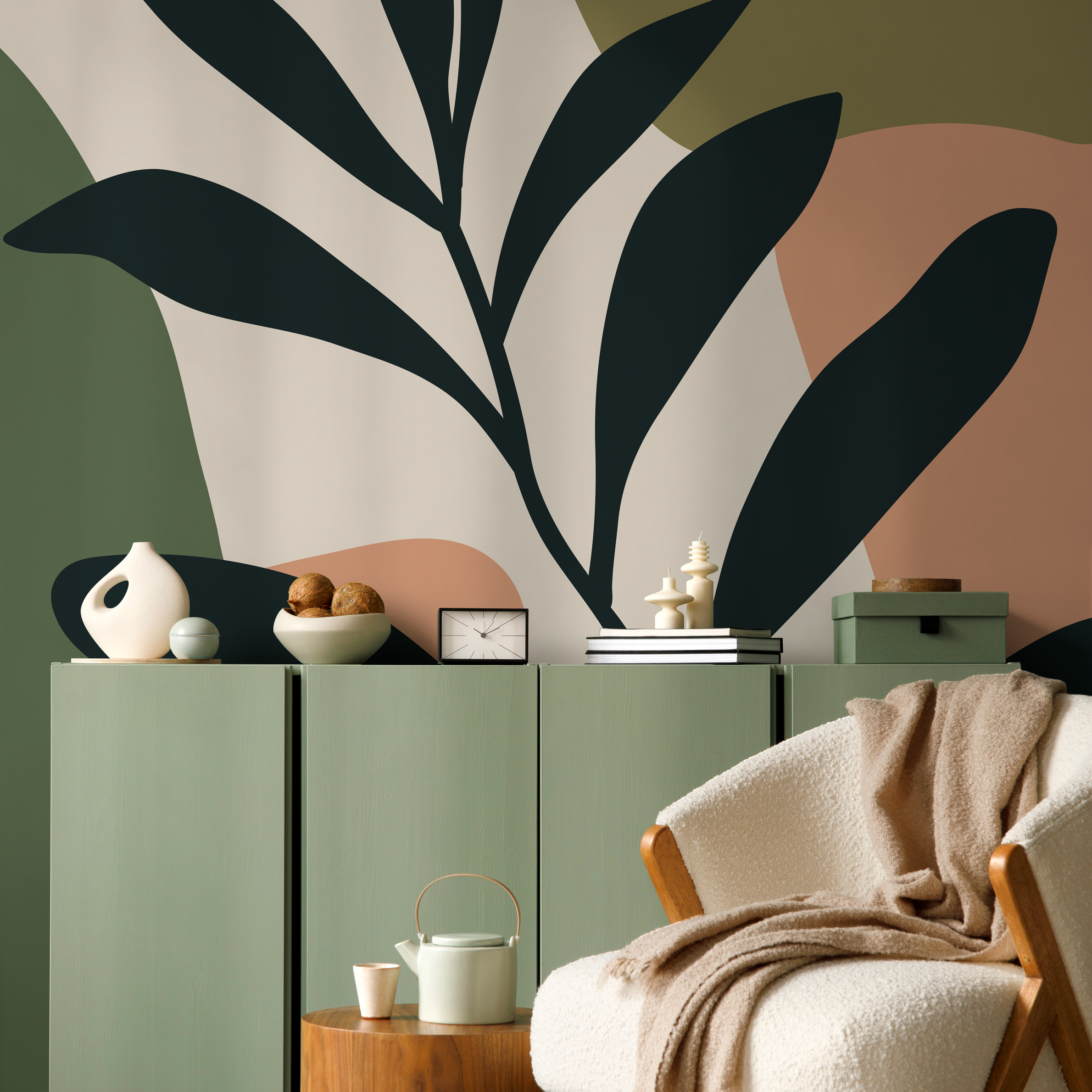 Botanical Wallpaper With Abstract Shapes In Green, Black, And Terracotta - C016