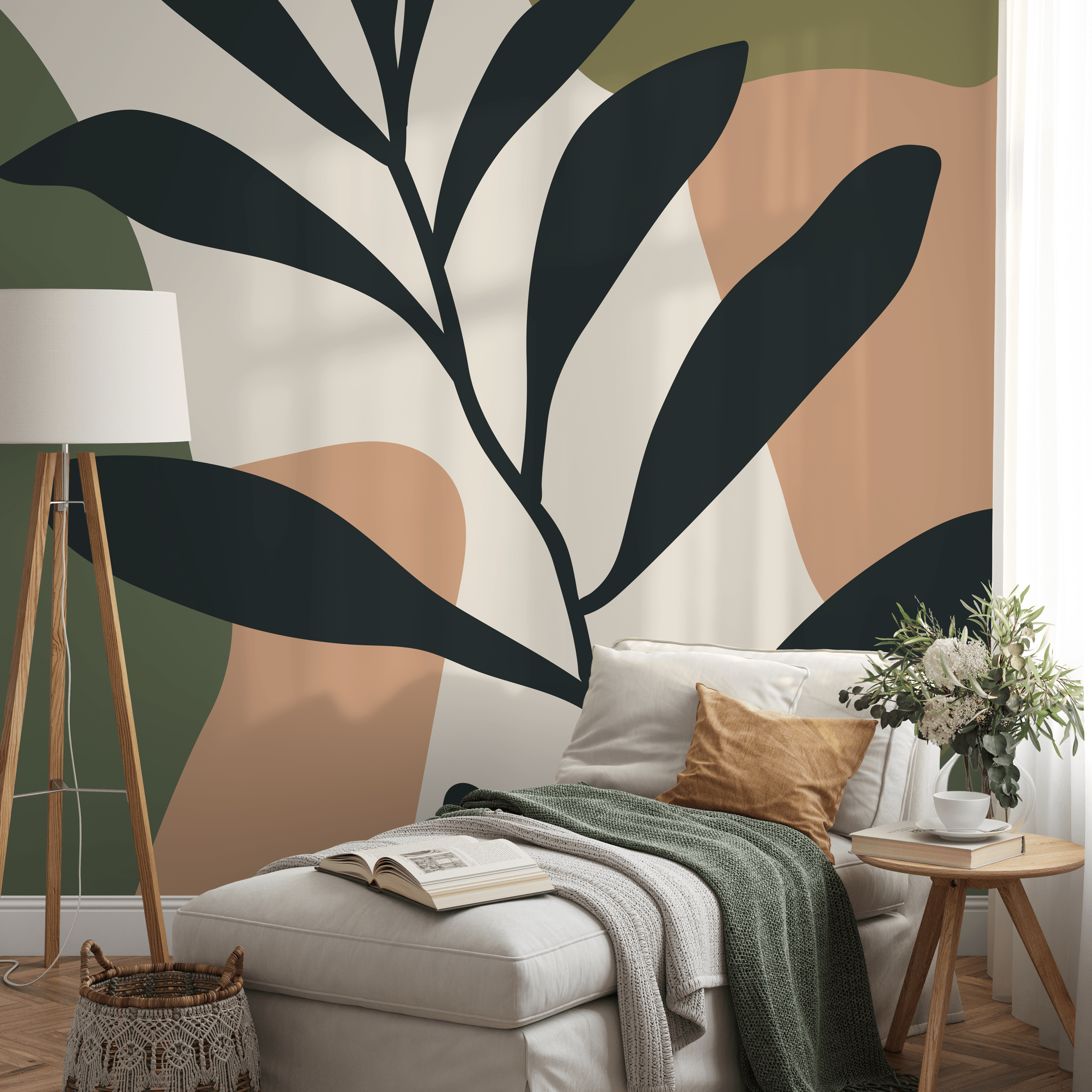 Botanical Wallpaper With Abstract Shapes In Green, Black, And Terracotta - C016
