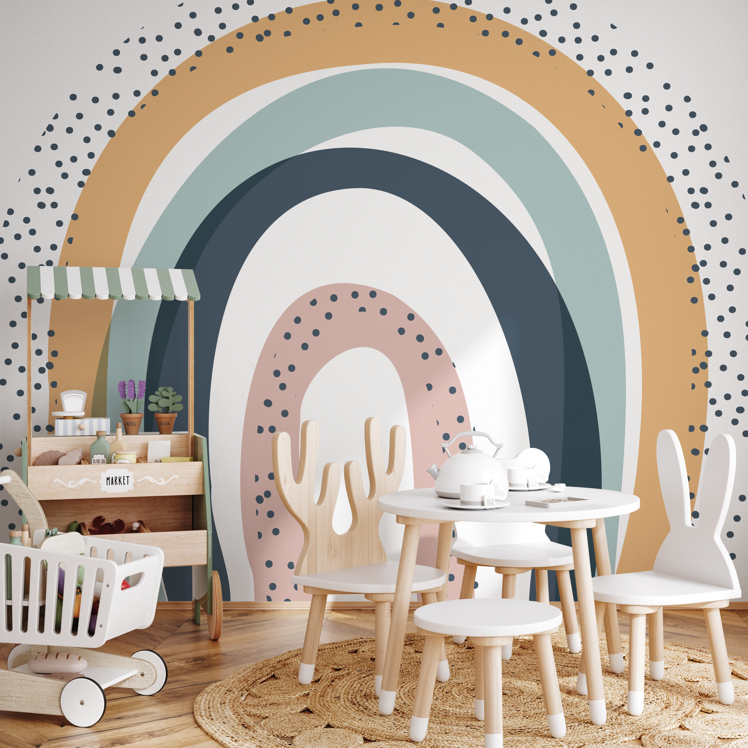Abstract Wallpaper With A Dotted Rainbow Arch In Pink, Blue, And Ochre - C017