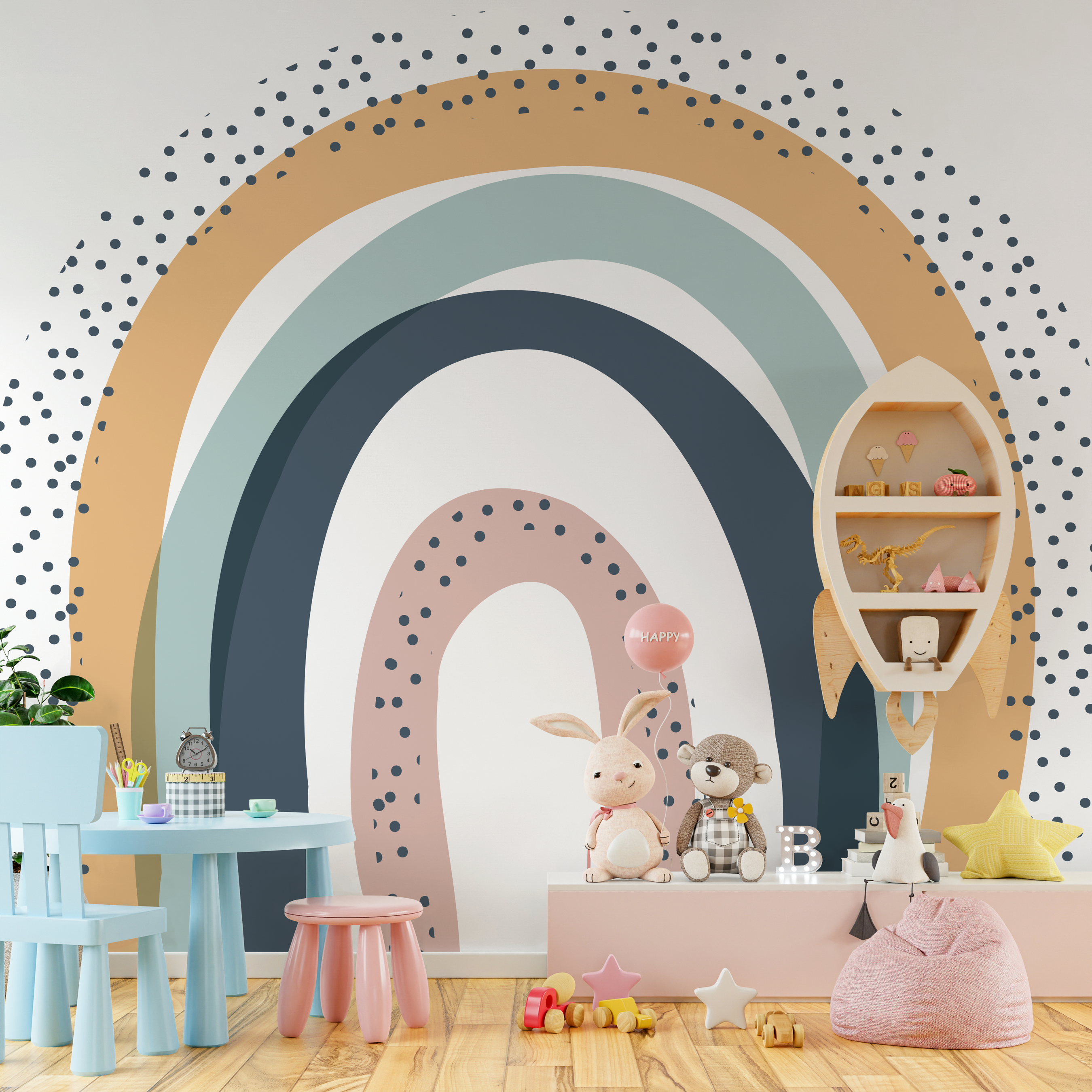 Abstract Wallpaper With A Dotted Rainbow Arch In Pink, Blue, And Ochre - C017