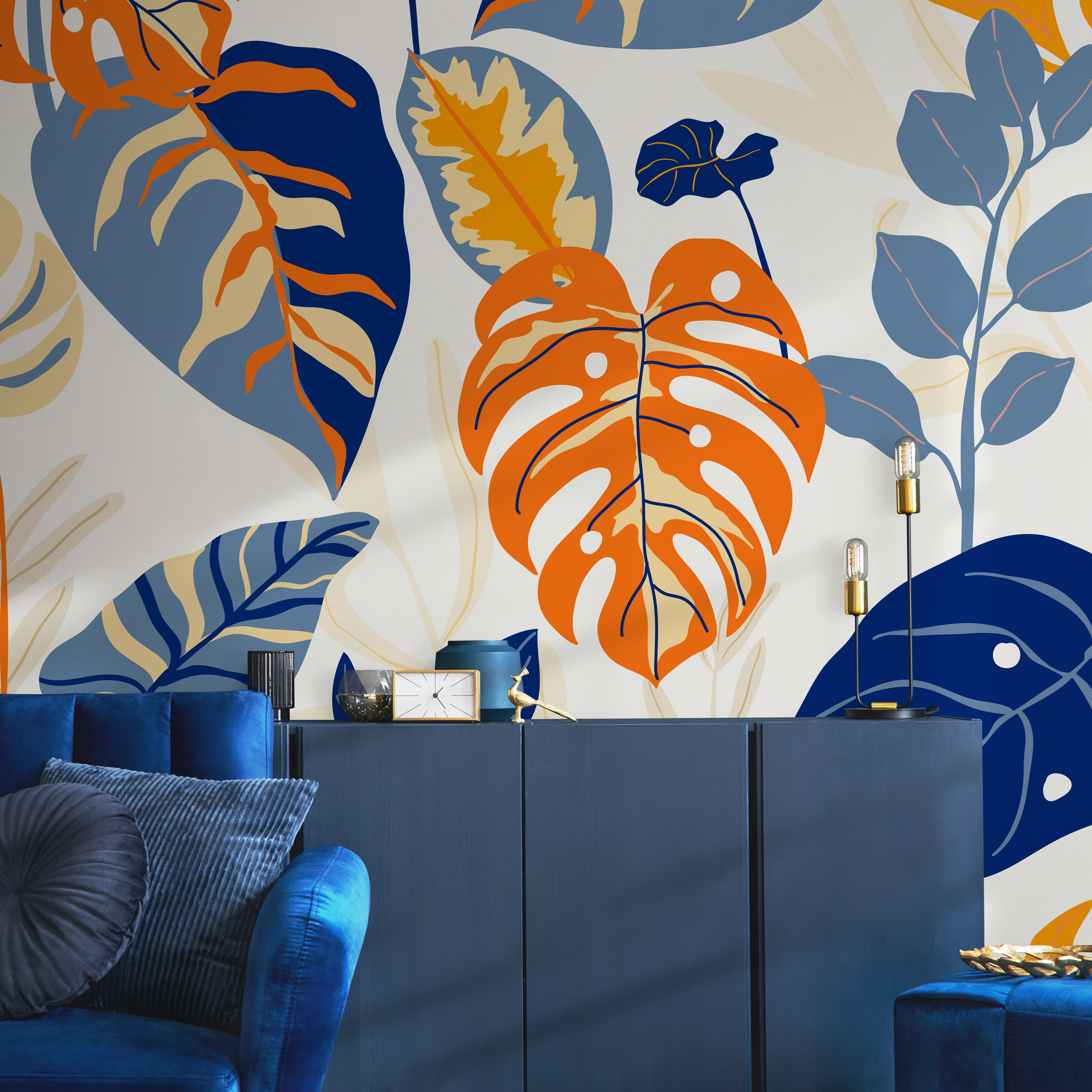 Botanical Wallpaper With Bold Tropical Leaves In Blue, Orange, And Yellow - C018
