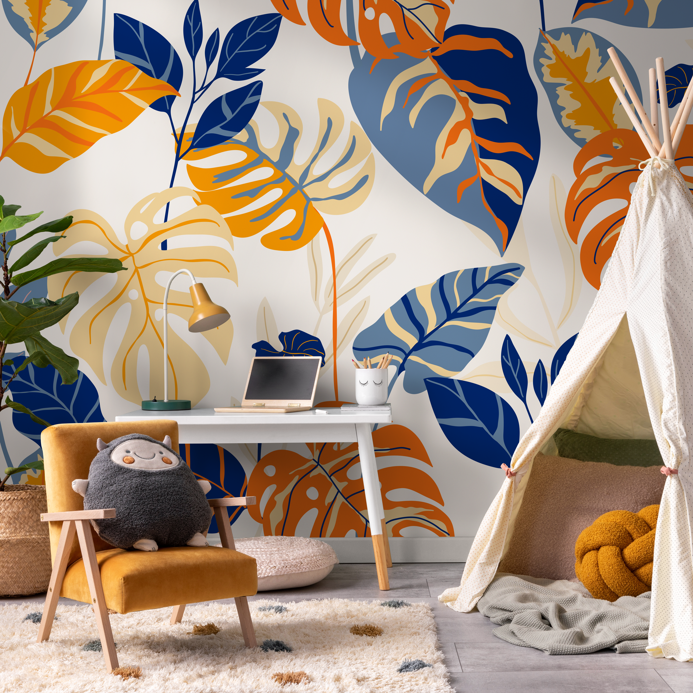 Botanical Wallpaper With Bold Tropical Leaves In Blue, Orange, And Yellow - C018