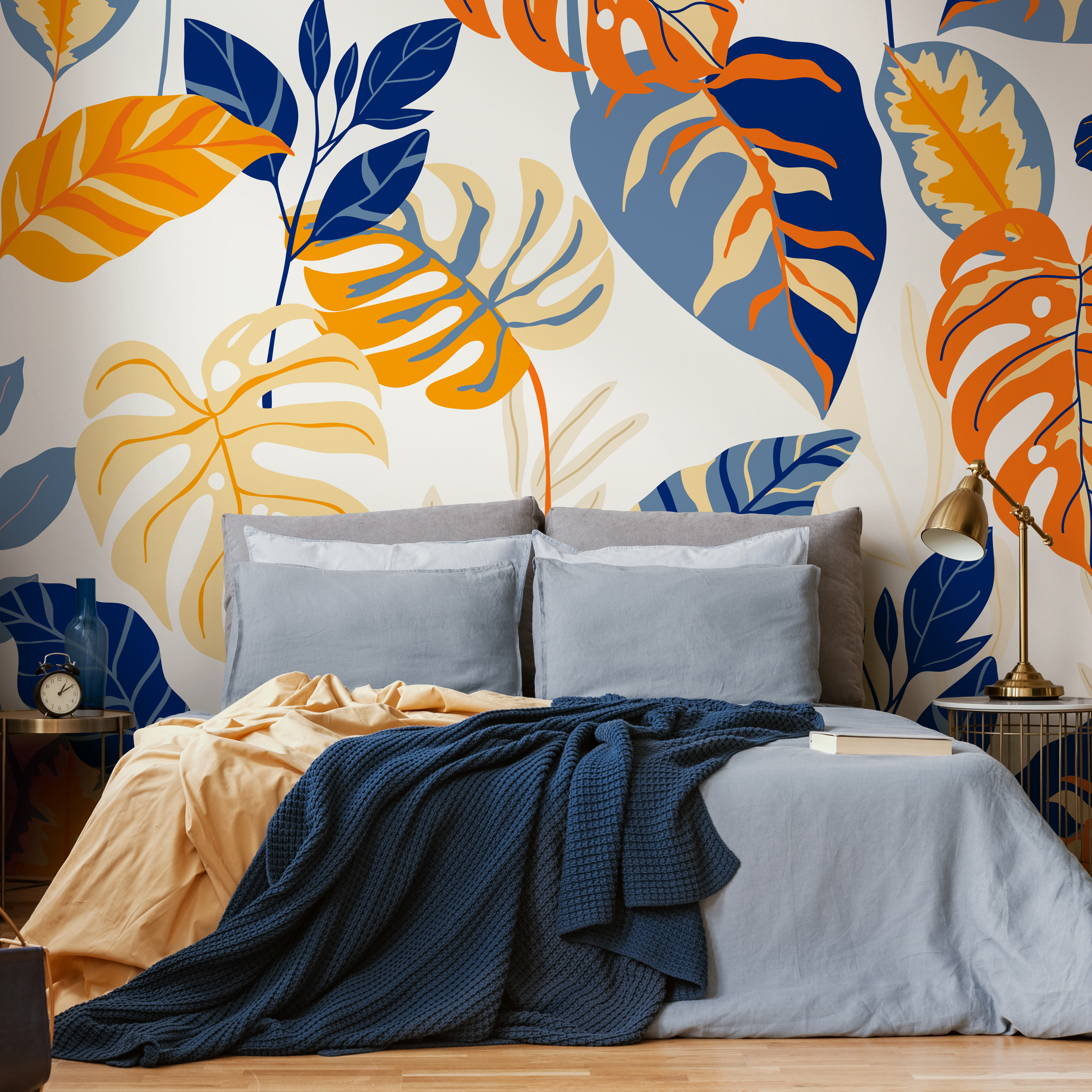Botanical Wallpaper With Bold Tropical Leaves In Blue, Orange, And Yellow - C018