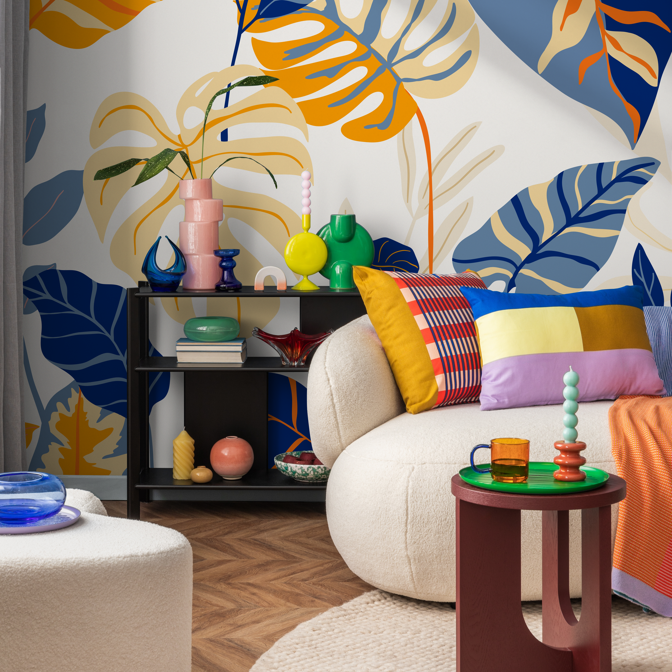 Botanical Wallpaper With Bold Tropical Leaves In Blue, Orange, And Yellow - C018