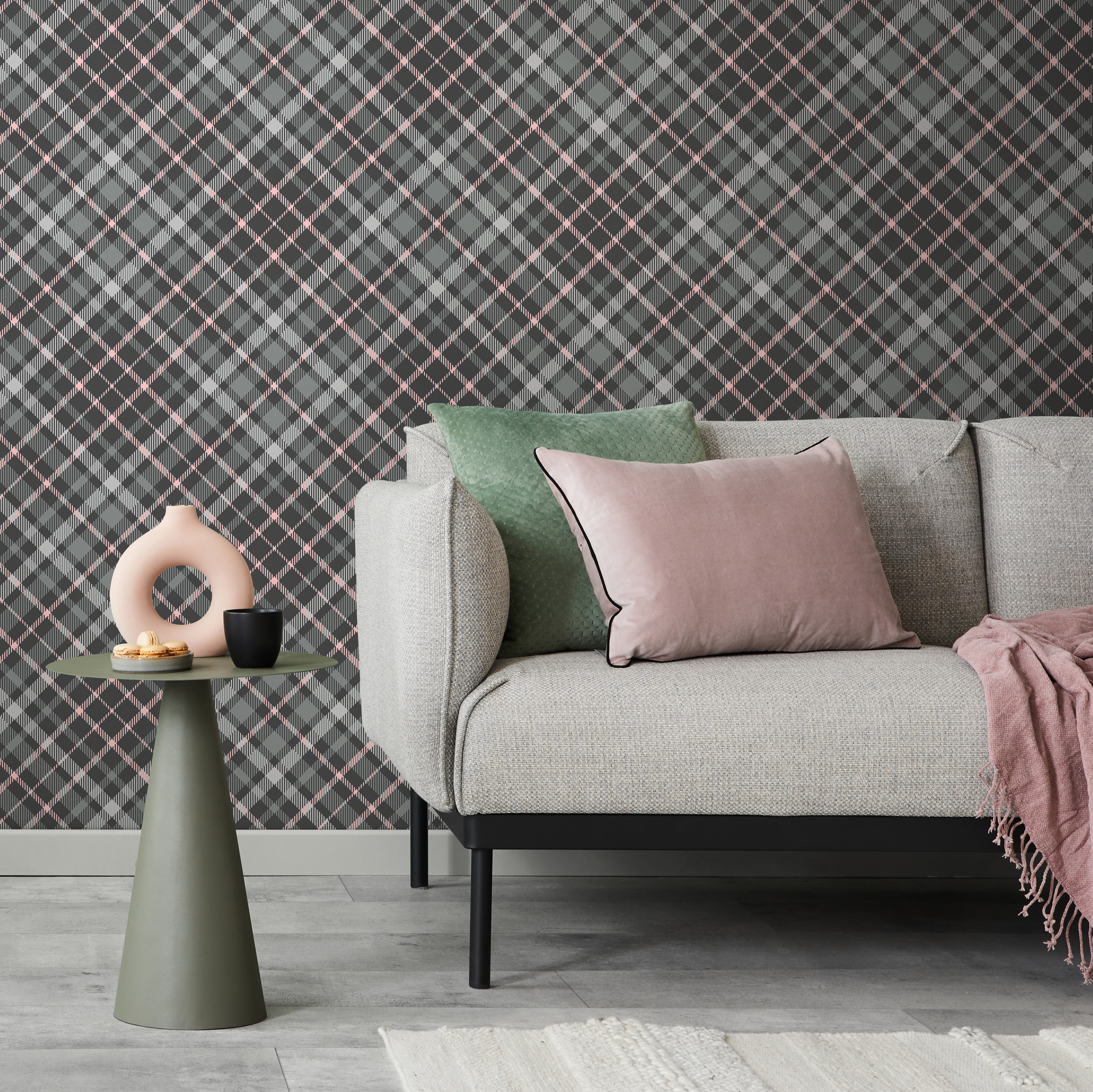 Plaid Wallpaper With A Diagonal Tartan Motif In Gray And Pink - C020