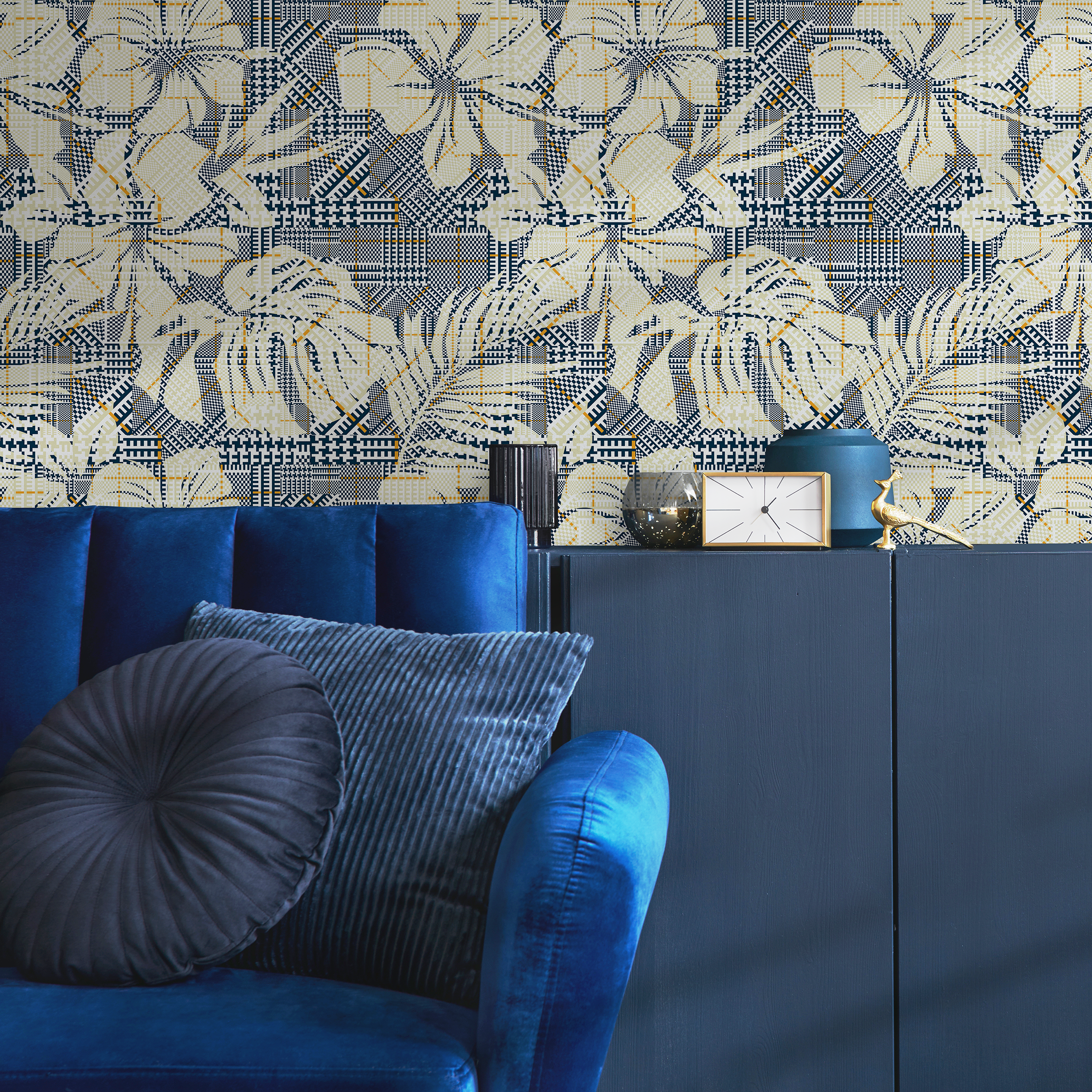 Botanical Wallpaper With Geometric Patchwork In Navy Blue, Cream, And Yellow - C021