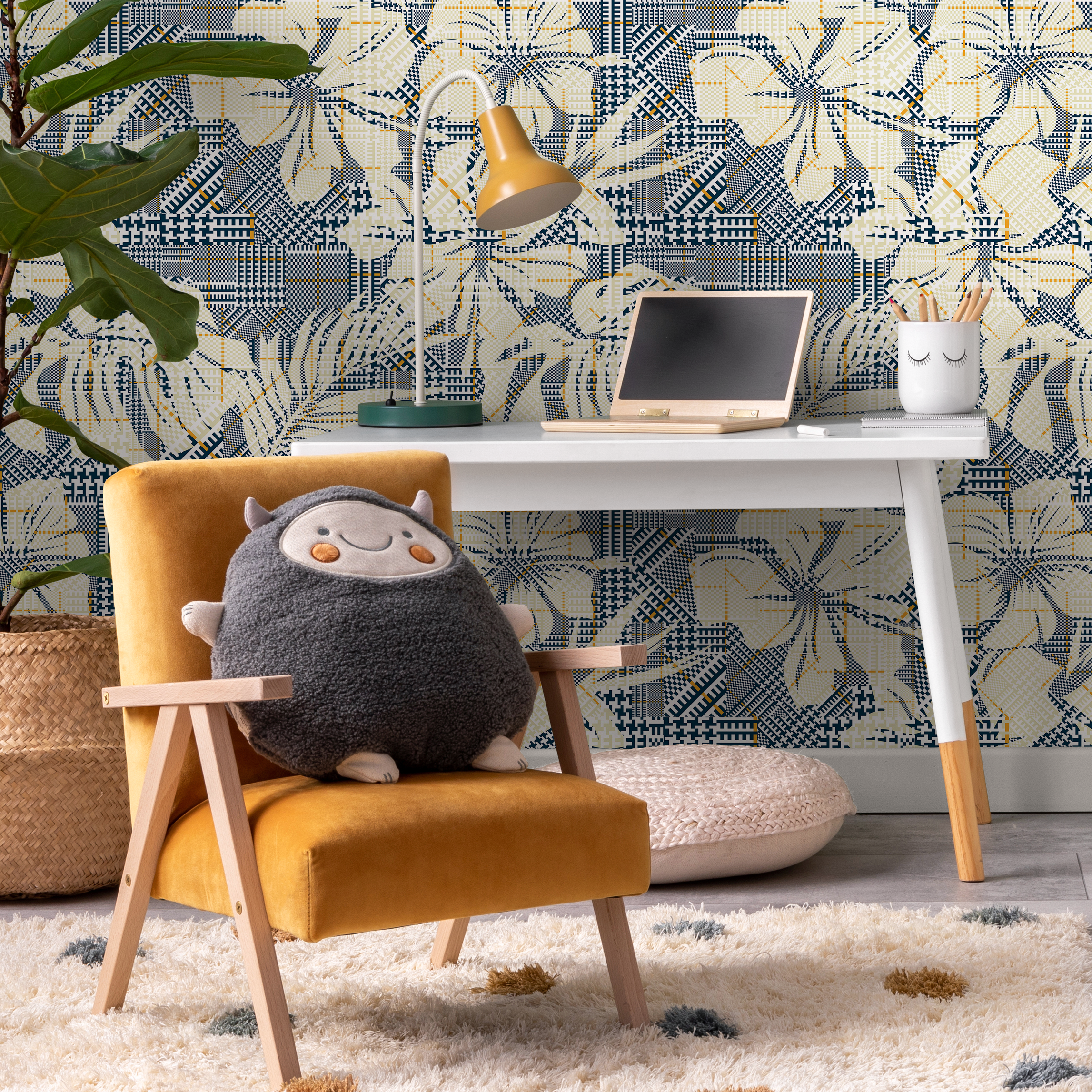 Botanical Wallpaper With Geometric Patchwork In Navy Blue, Cream, And Yellow - C021