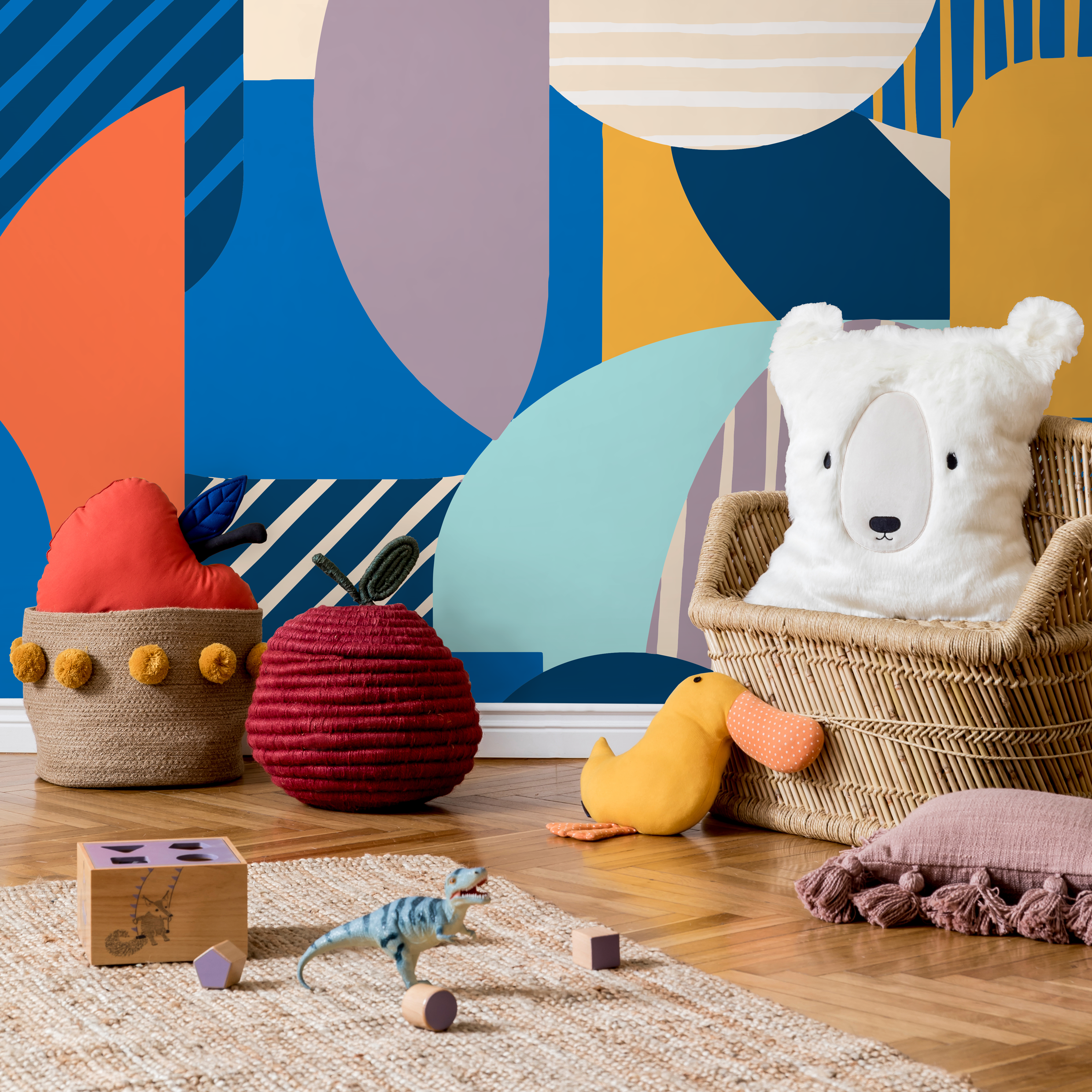 Abstract Geometric Wallpaper With Layered Circles In Blue, Orange, And Purple - C023