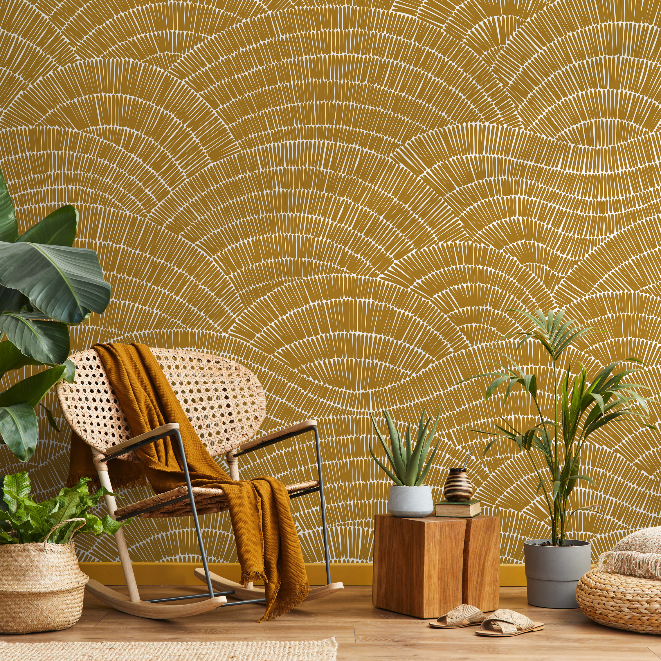 Abstract Wallpaper With A Hand-drawn Fan Motif In Mustard And White - C025