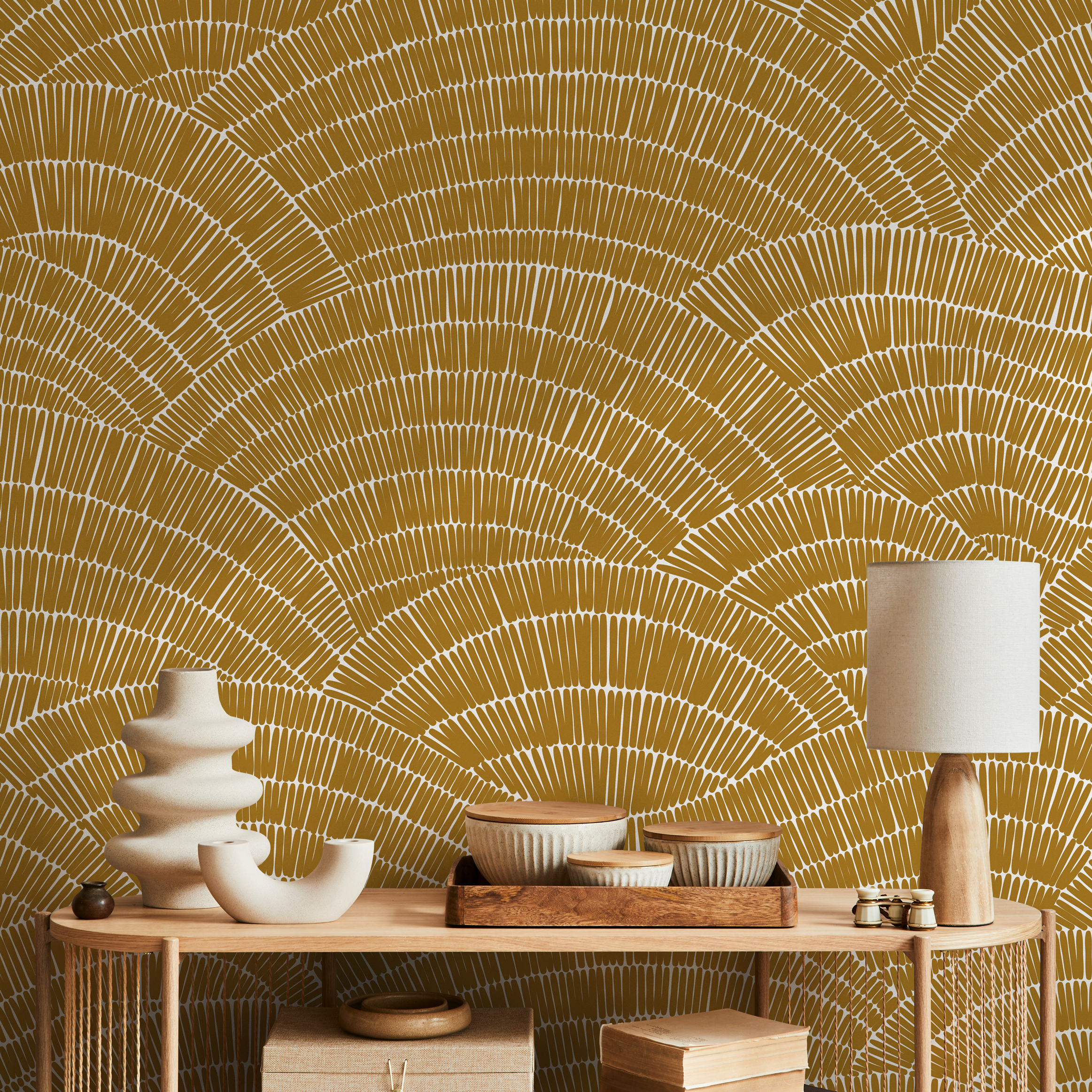 Abstract Wallpaper With A Hand-drawn Fan Motif In Mustard And White - C025