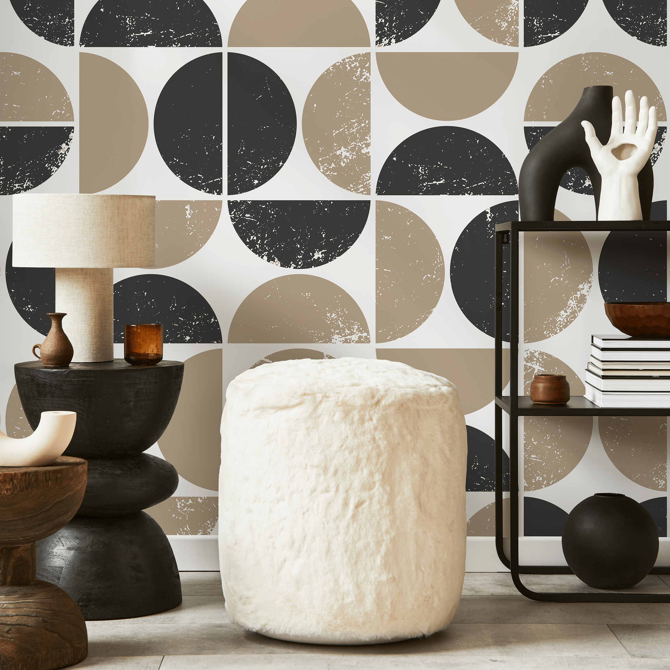 Geometric Wallpaper With A Distressed Circle Motif In Black And Beige - C028