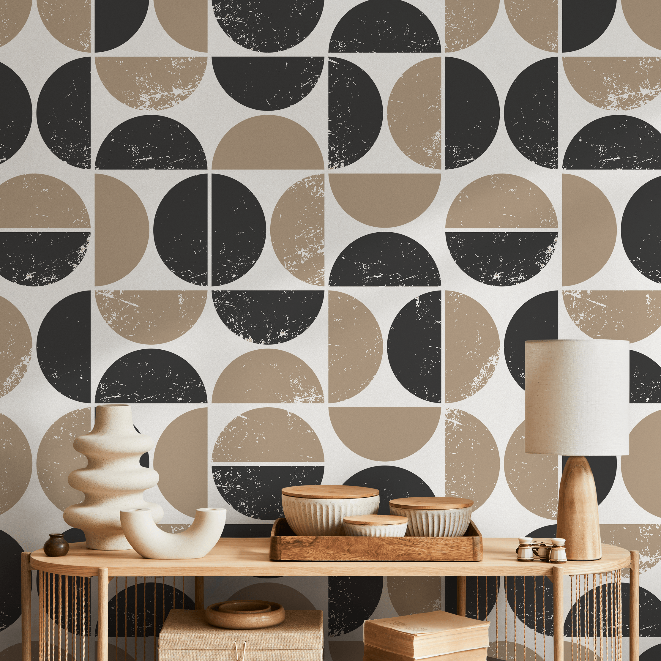 Geometric Wallpaper With A Distressed Circle Motif In Black And Beige - C028