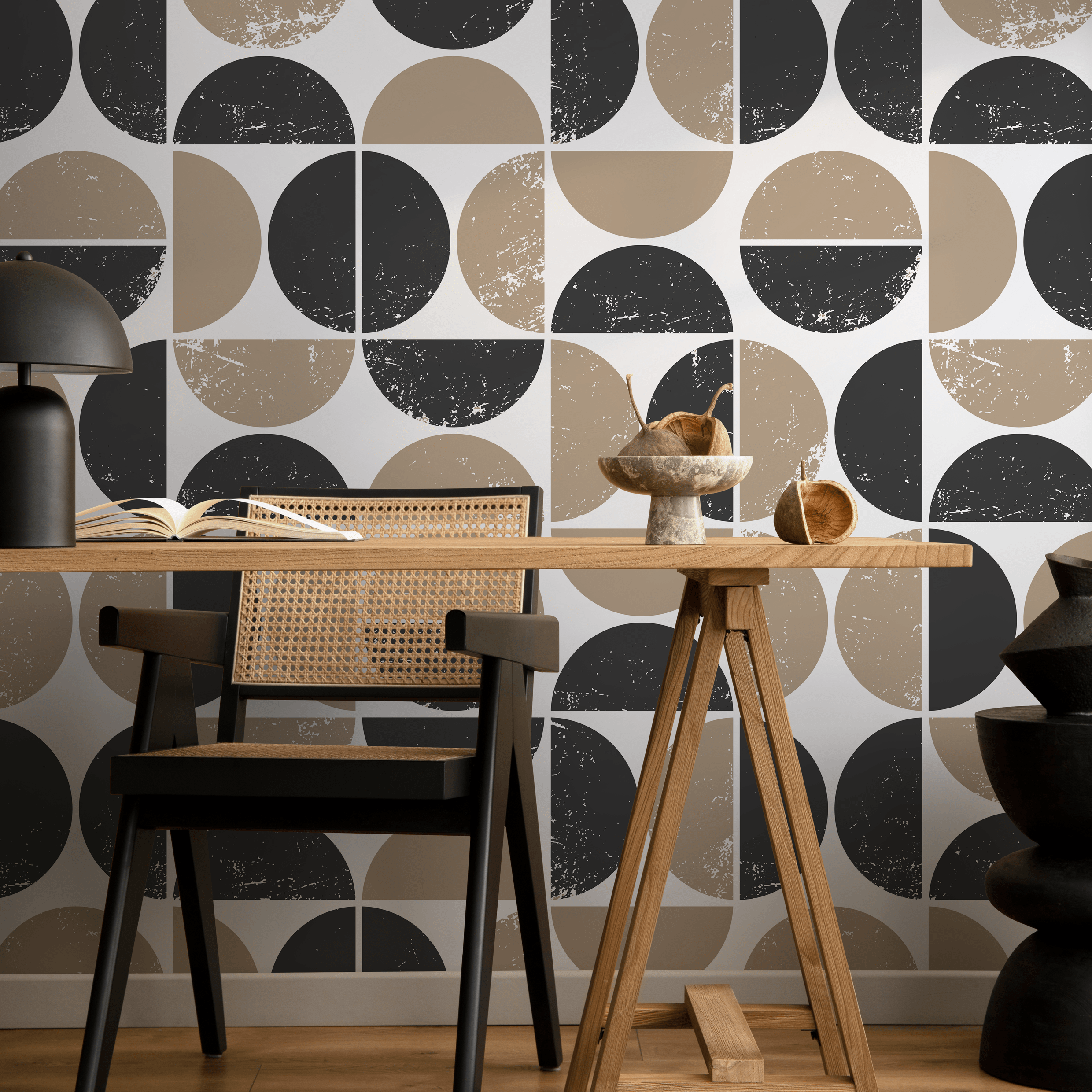 Geometric Wallpaper With A Distressed Circle Motif In Black And Beige - C028