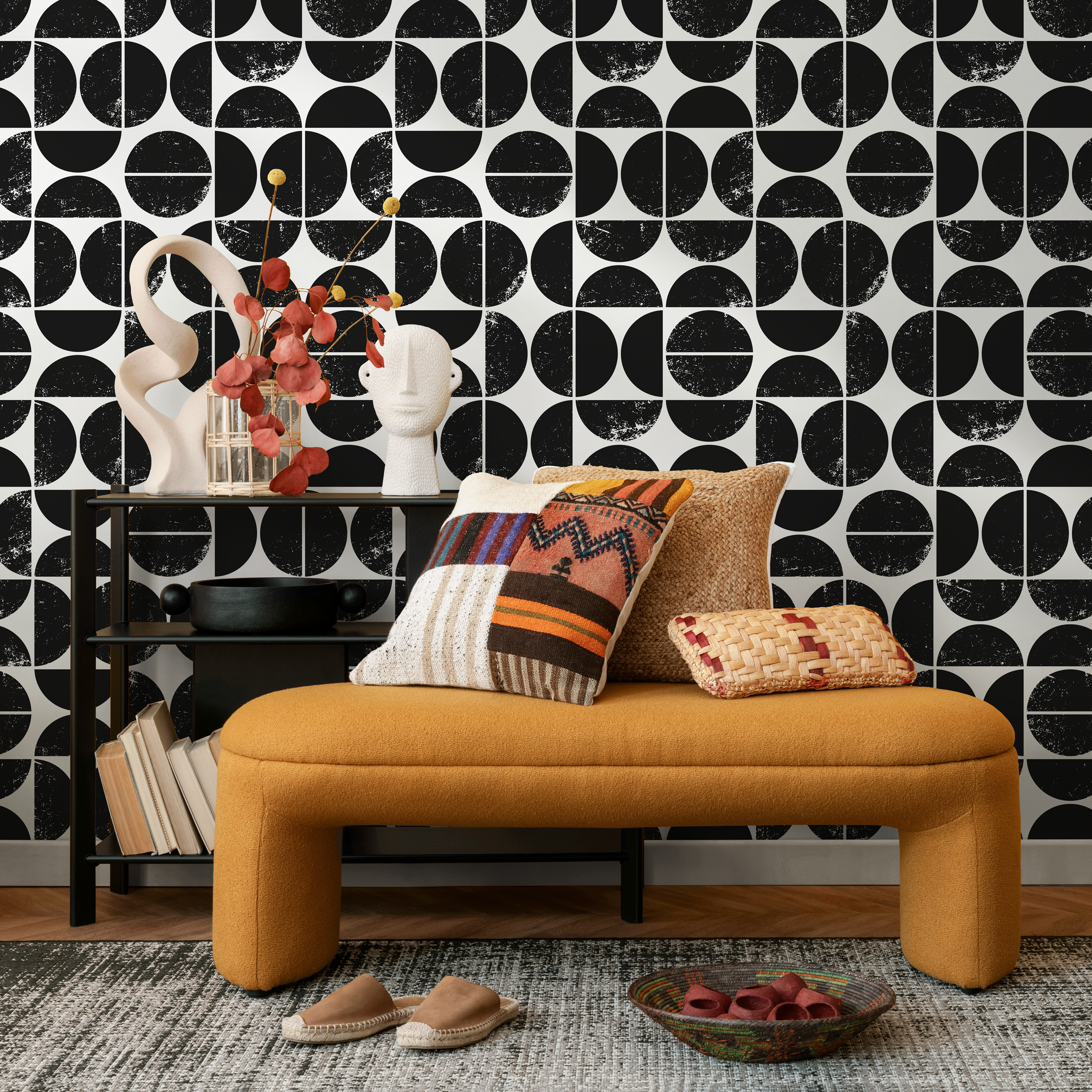 Geometric Wallpaper With A Distressed Semi-circle Motif In Black And White - C029