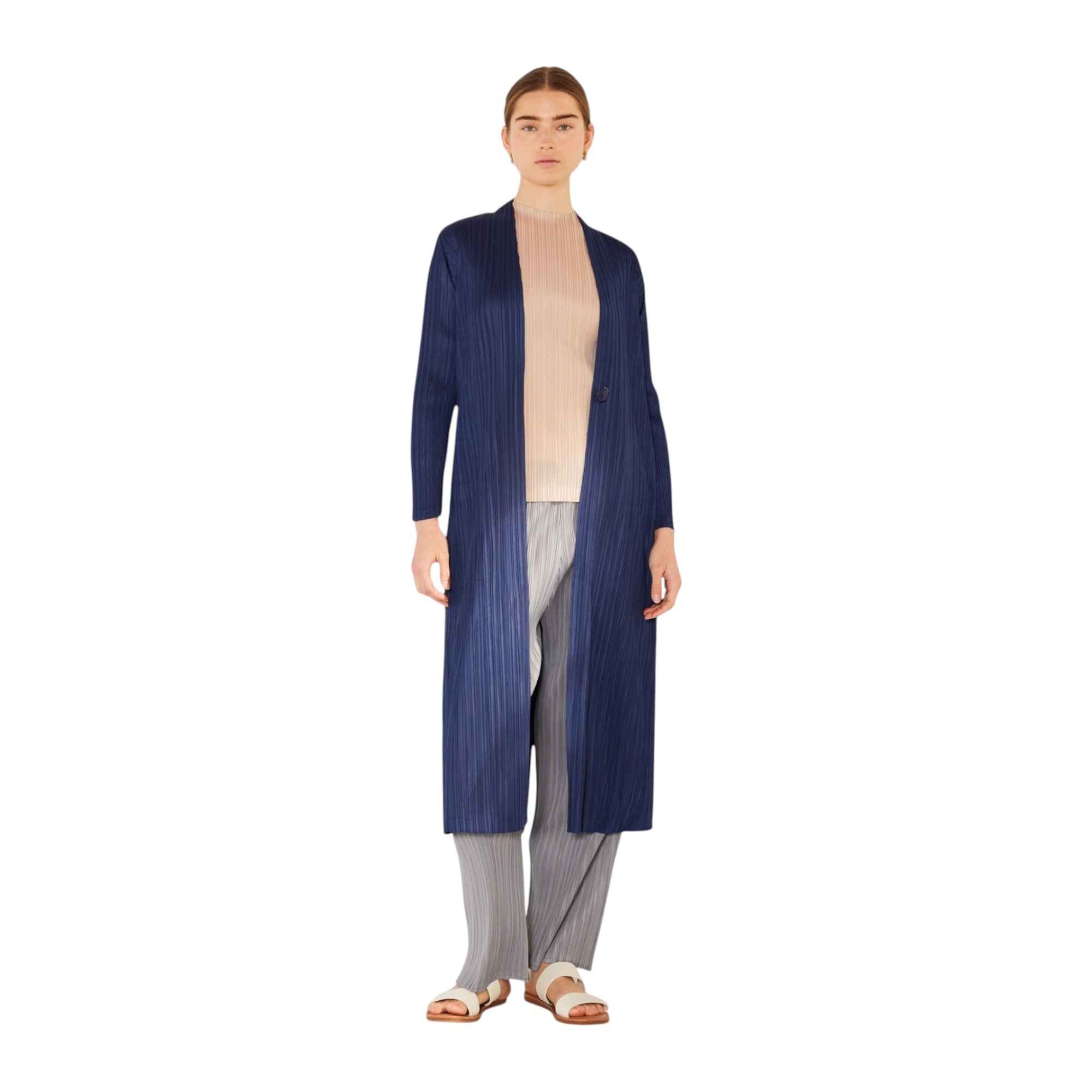 Pleated Long Sleeve Cardigan Buster - C02lg_navy