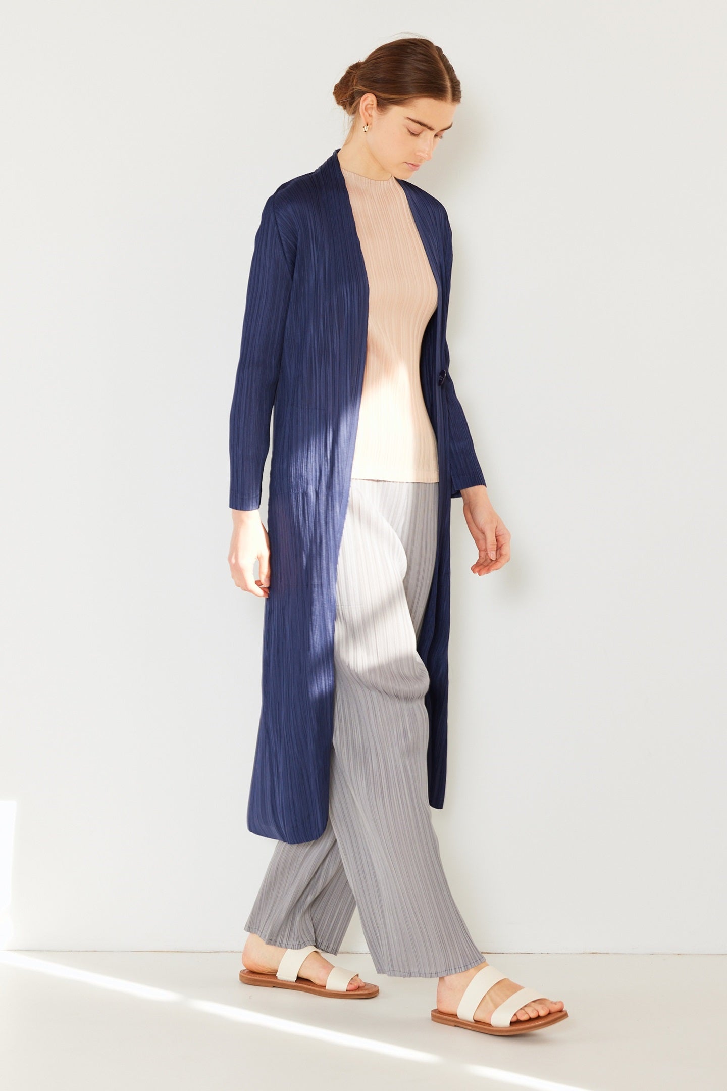 Pleated Long Sleeve Cardigan Buster - C02lg_navy