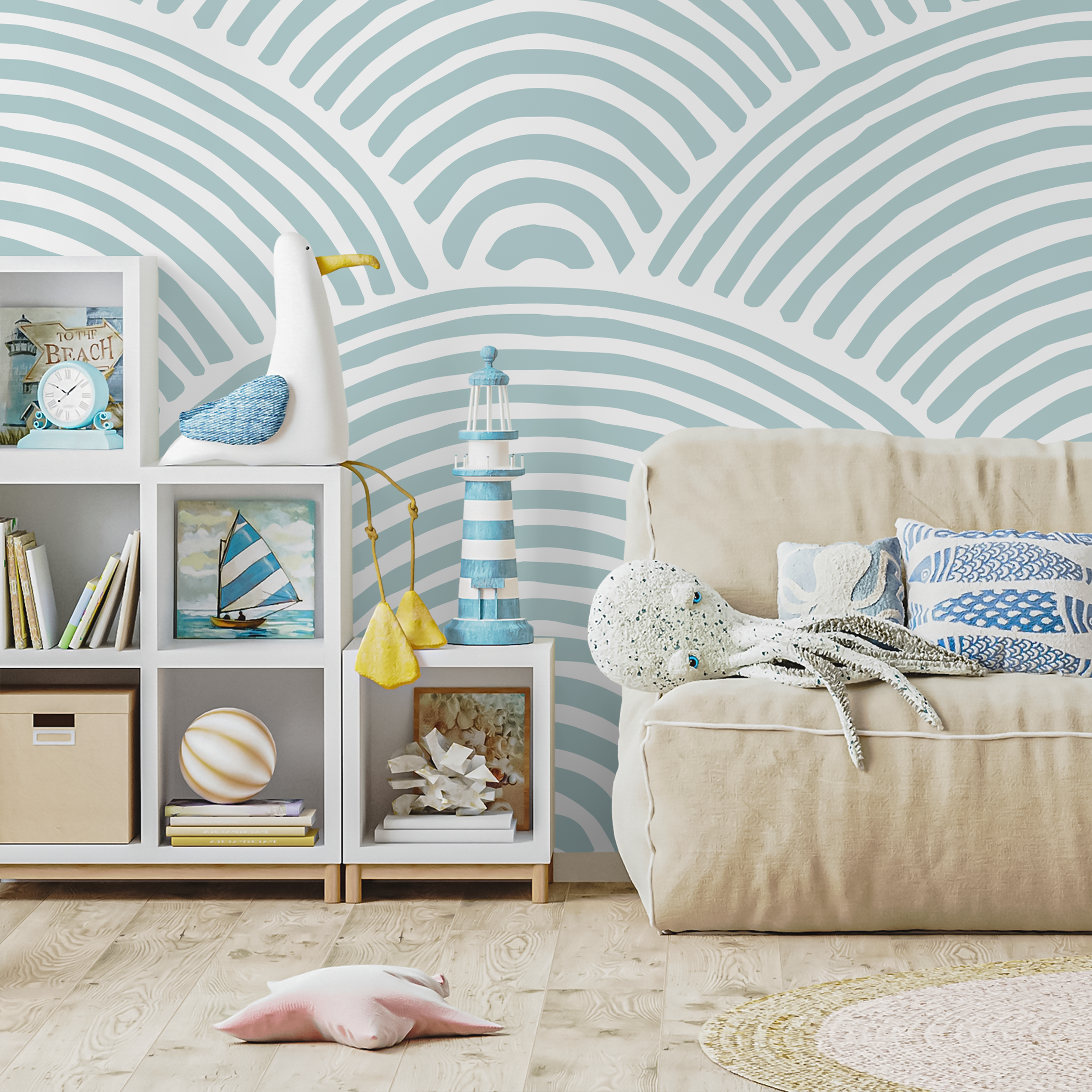 Abstract Wallpaper With A Hand-drawn Wave Motif In Light Blue - C030
