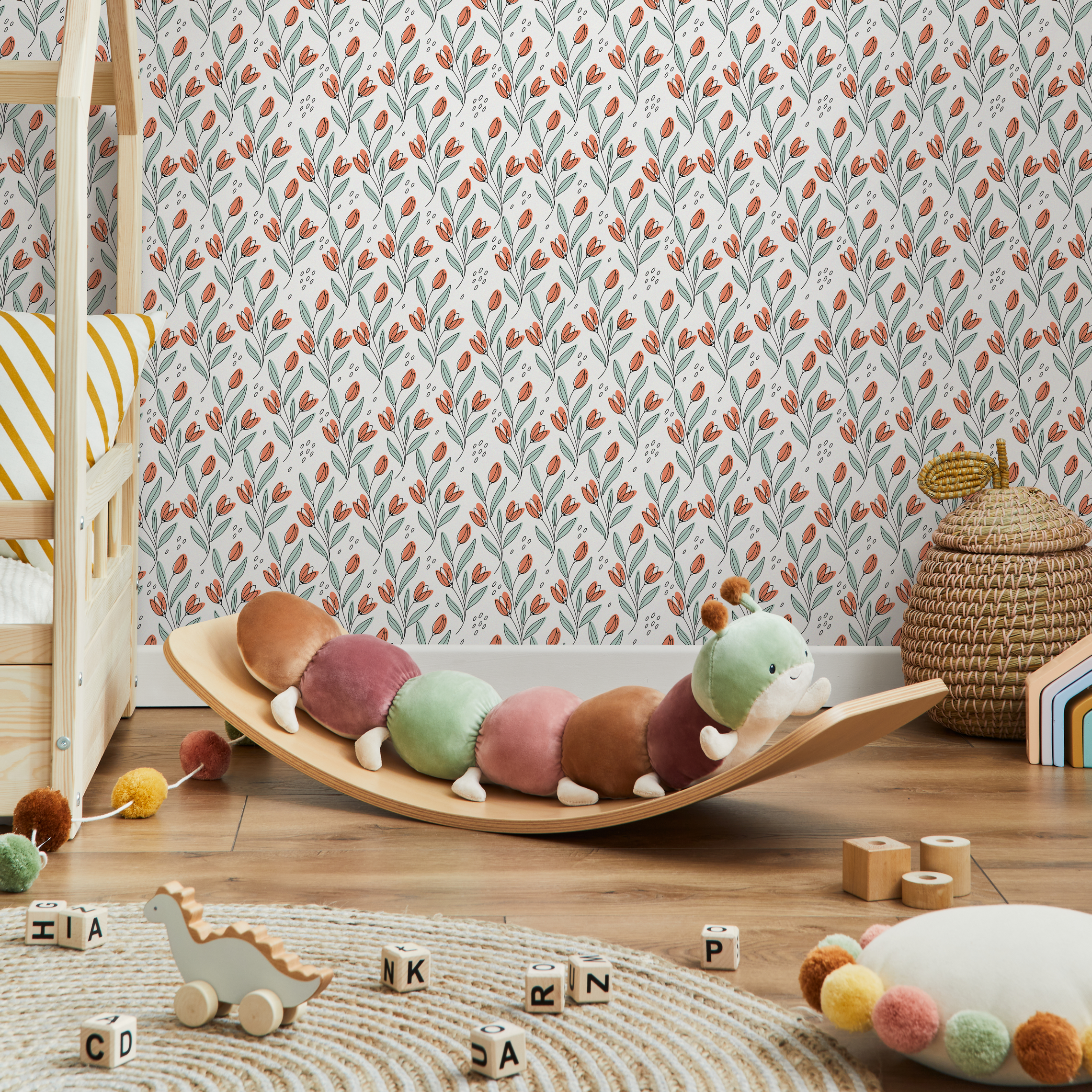 Floral Wallpaper Featuring Stylized Tulips In Orange, Green, And Black - C032