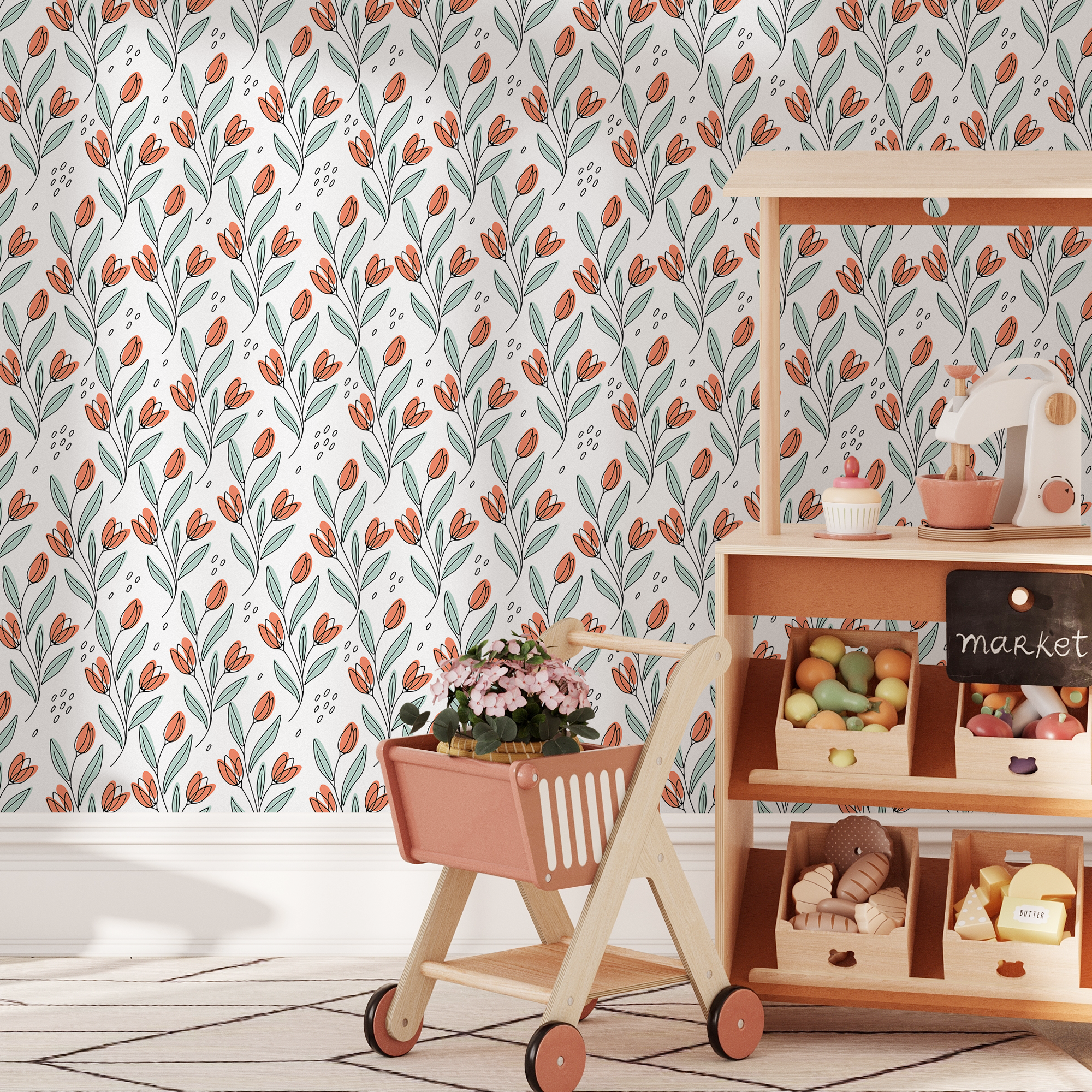 Floral Wallpaper Featuring Stylized Tulips In Orange, Green, And Black - C032
