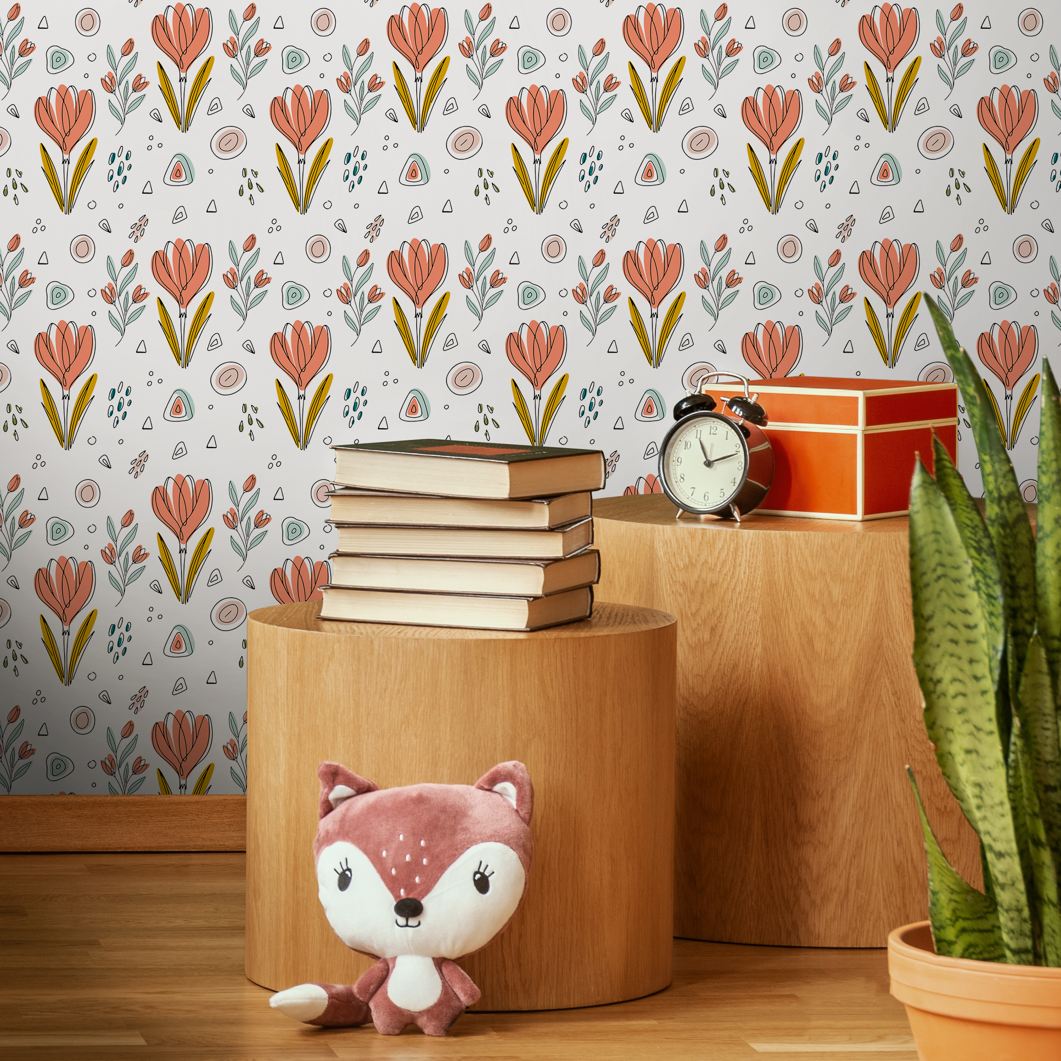 Scandinavian Wallpaper With Stylized Tulips In Coral, Teal, And Mustard Yellow - C033