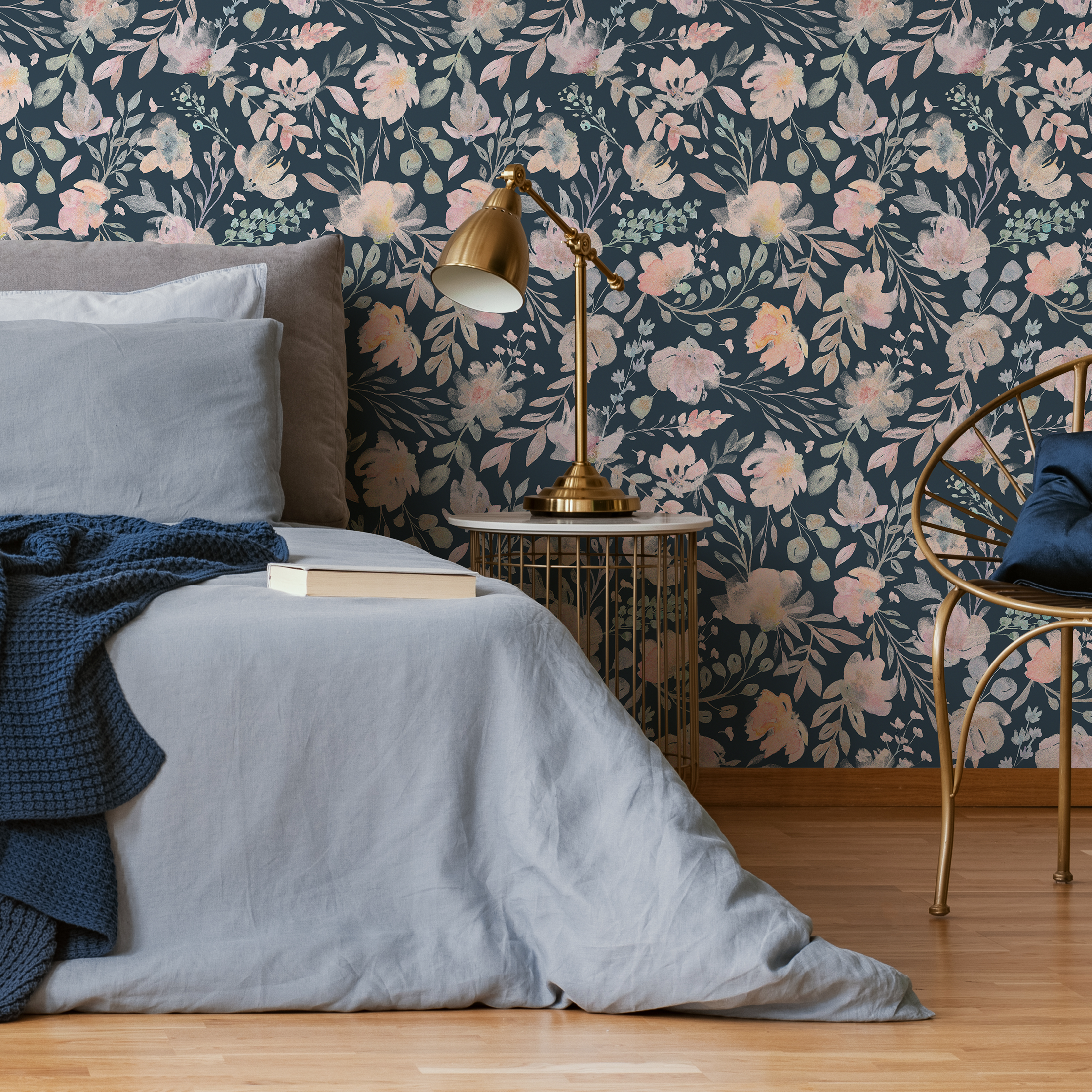 Floral Wallpaper With Watercolor Blooms In Dark Blue, Pink, And Green - C034