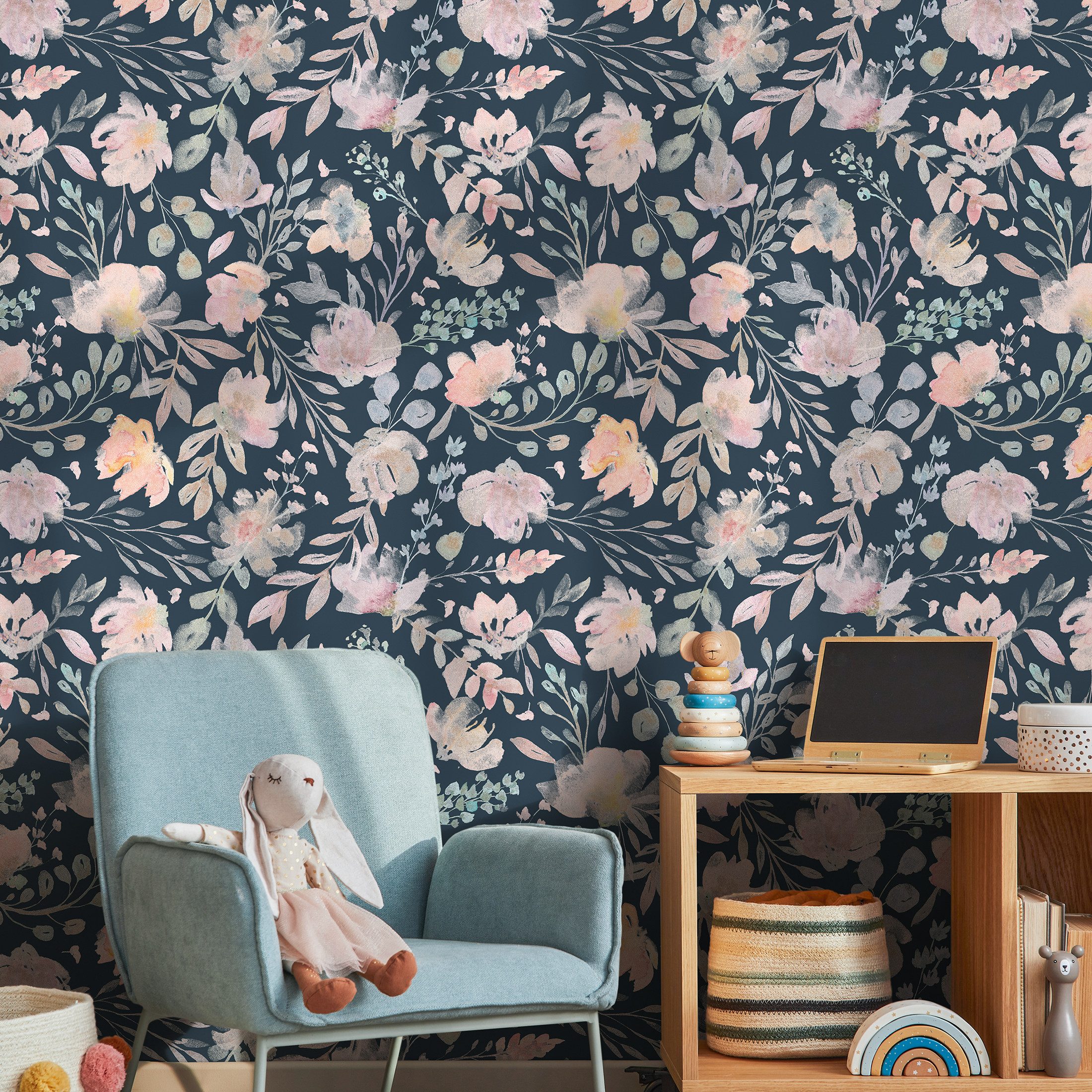Floral Wallpaper With Watercolor Blooms In Dark Blue, Pink, And Green - C034