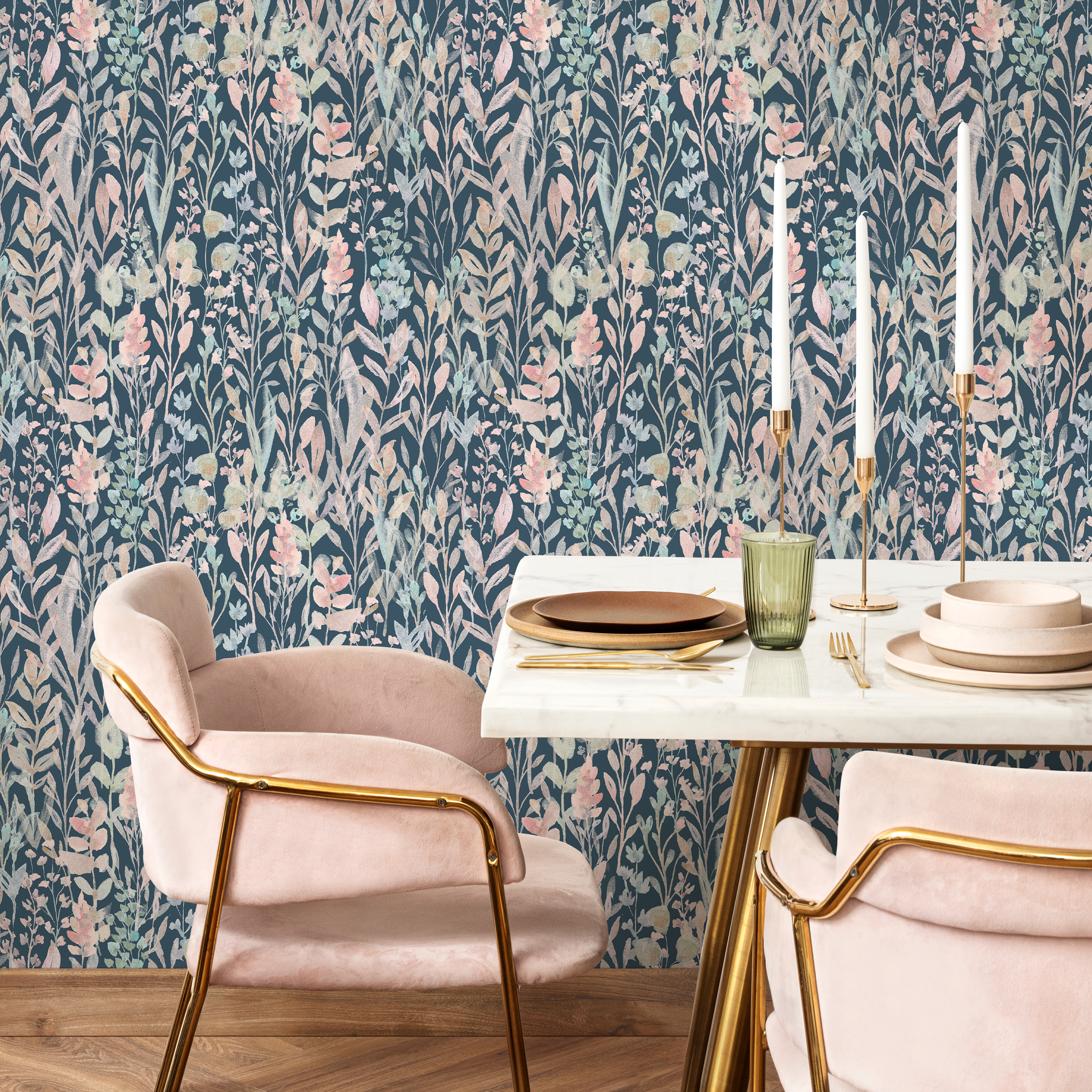 Botanical Wallpaper With A Wildflower Motif In Dark Blue, Pink, And Light Blue - C035