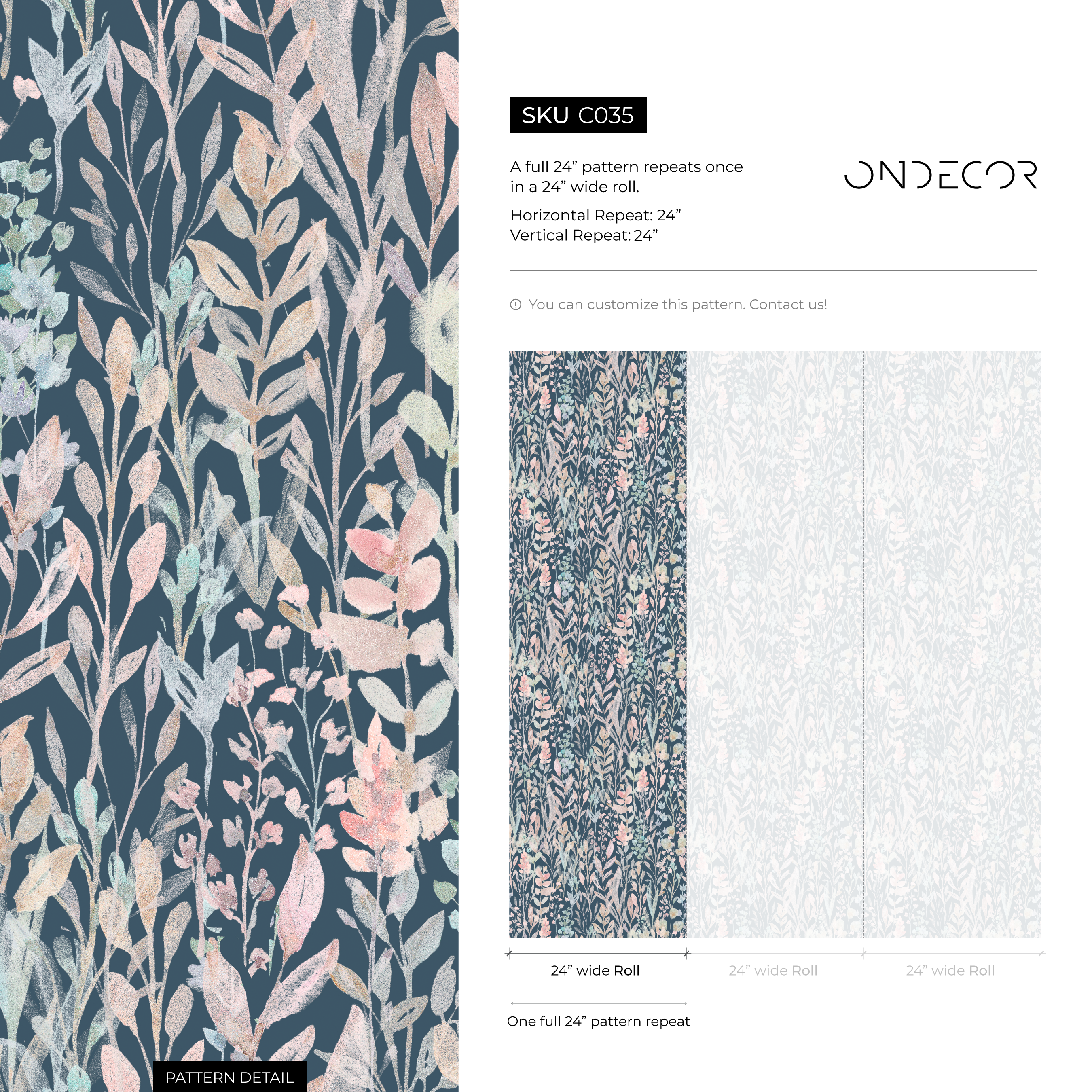 Botanical Wallpaper With A Wildflower Motif In Dark Blue, Pink, And Light Blue - C035