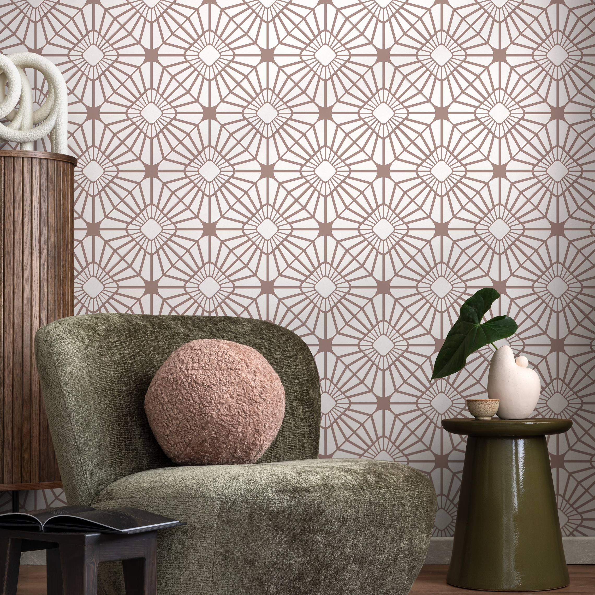 Art Deco Wallpaper With A Stylized Sunburst Motif In Brown - C036