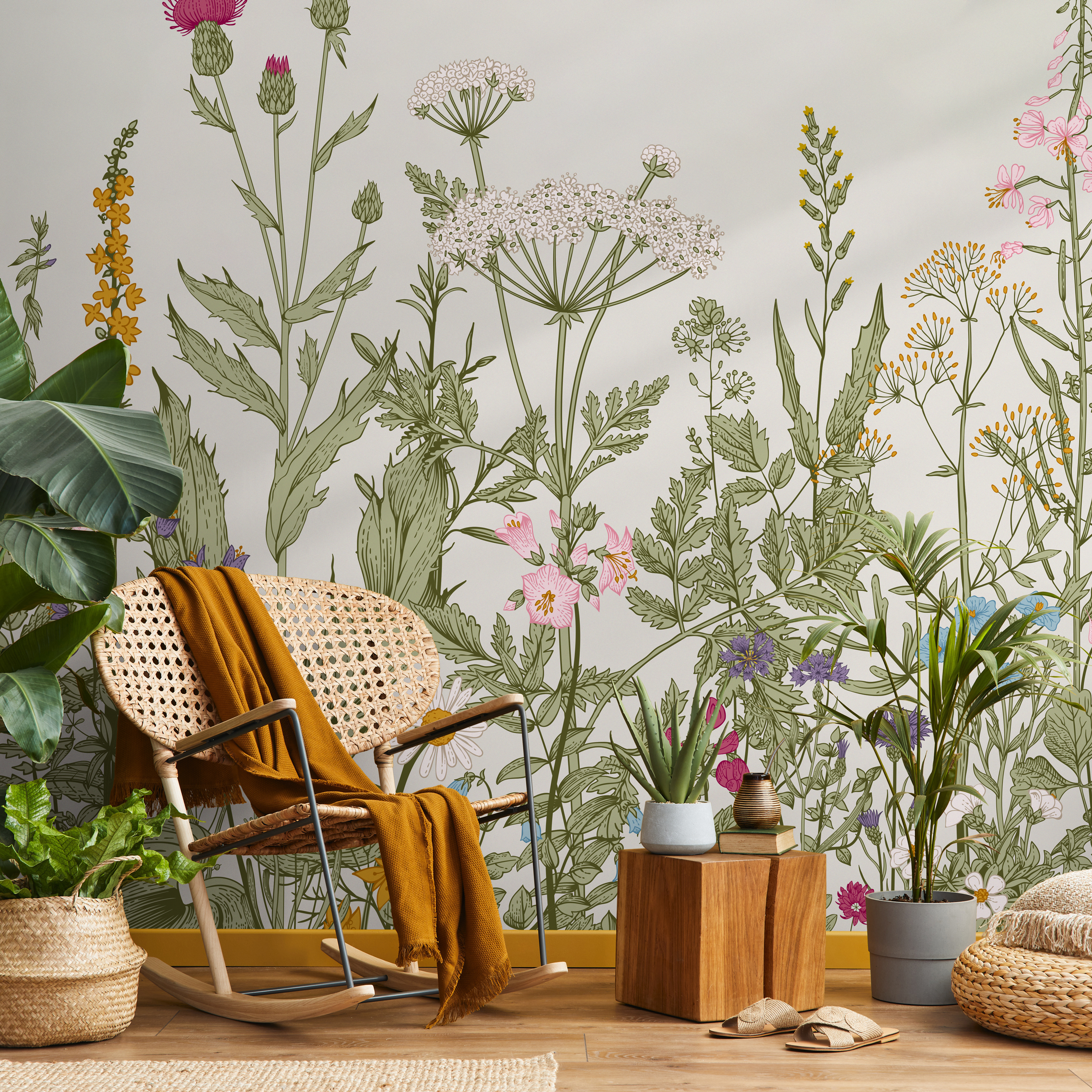 Botanical Wallpaper Featuring A Wildflower Meadow In Green, Pink, And Blue - C038