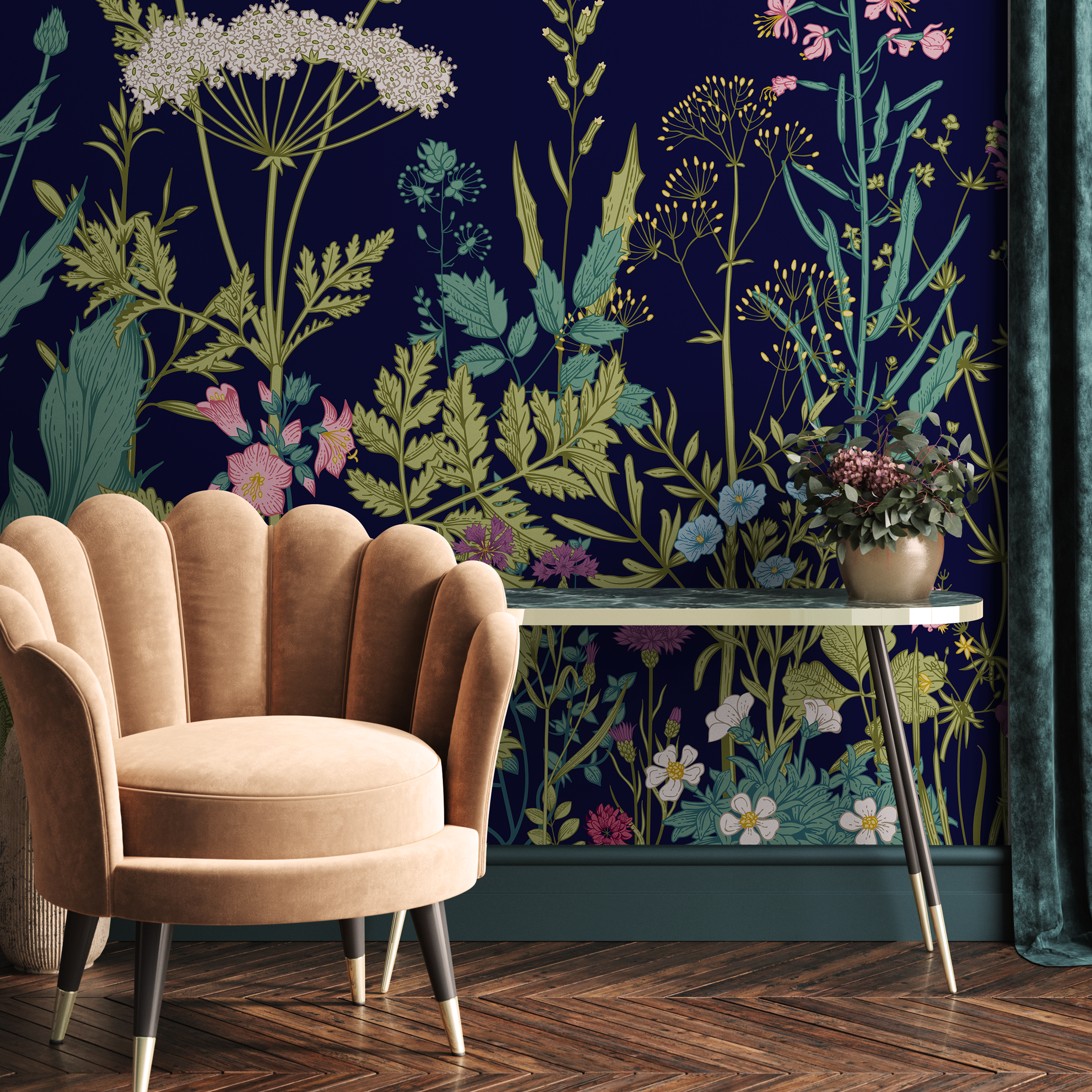 Botanical Wallpaper Featuring A Wildflower Meadow In Navy Blue, Green, And Pink - C039