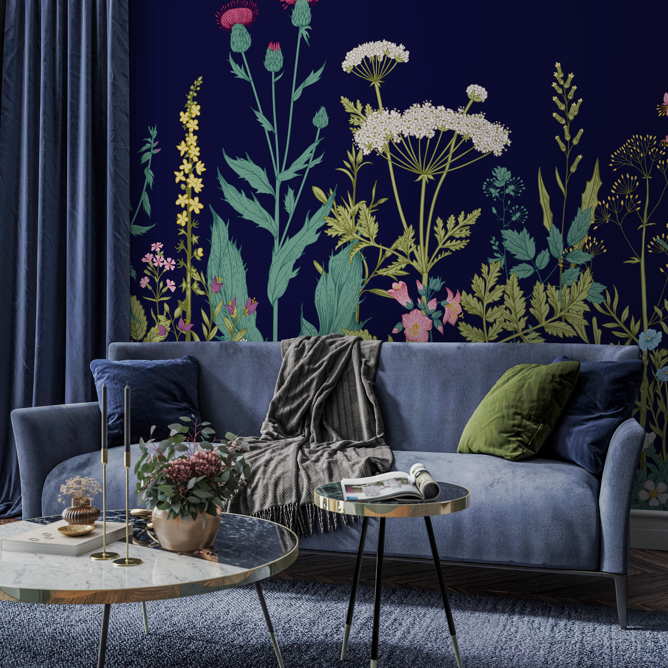 Botanical Wallpaper Featuring A Wildflower Meadow In Navy Blue, Green, And Pink - C039