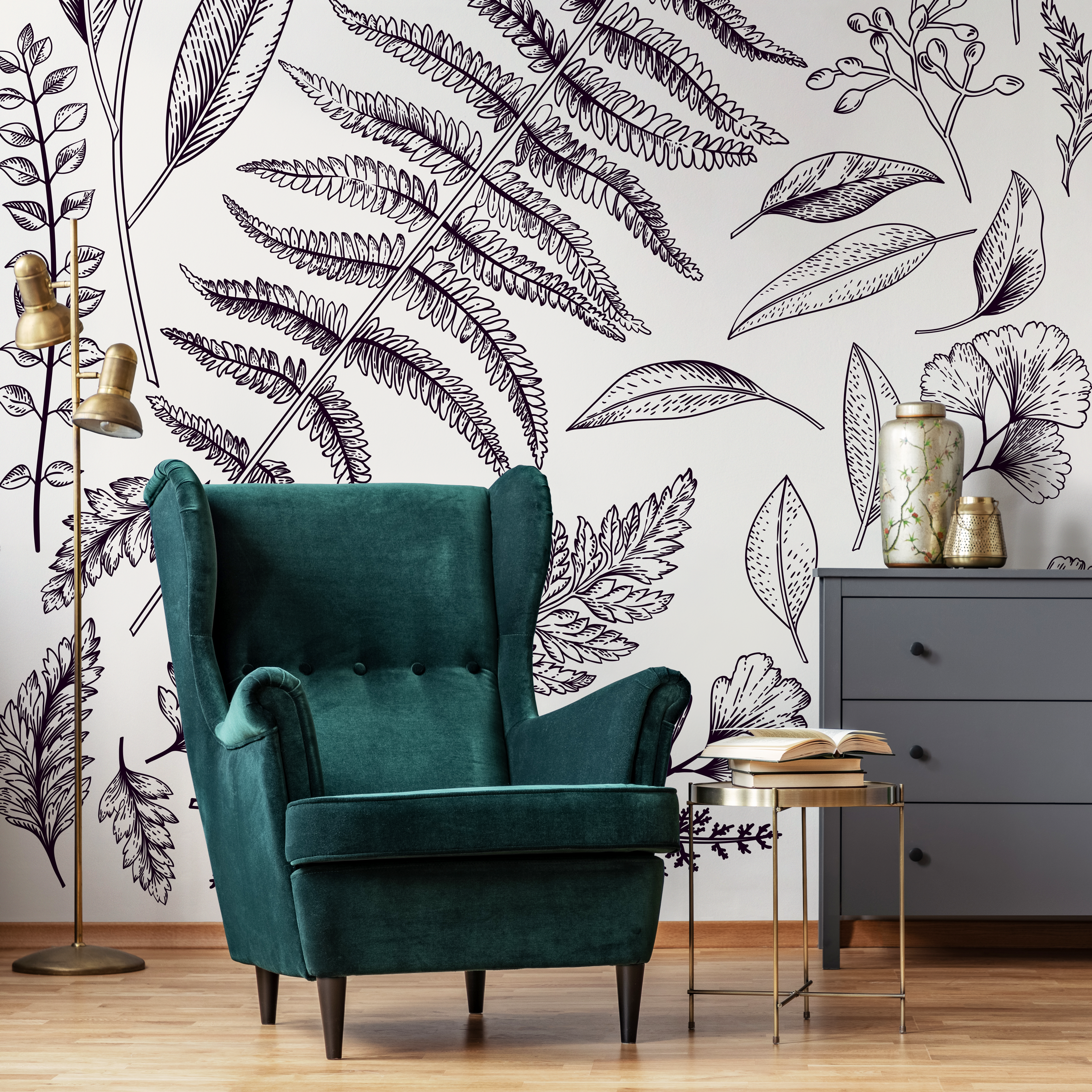 Botanical Wallpaper With An Illustrated Leaf Motif In Black And Beige - C041