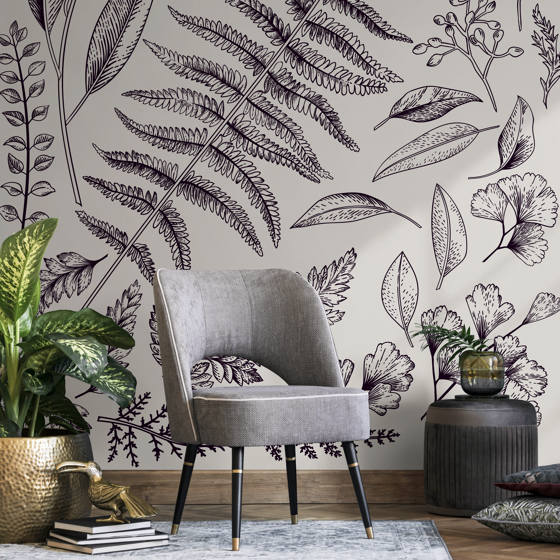 Botanical Wallpaper With An Illustrated Leaf Motif In Black And Beige - C041
