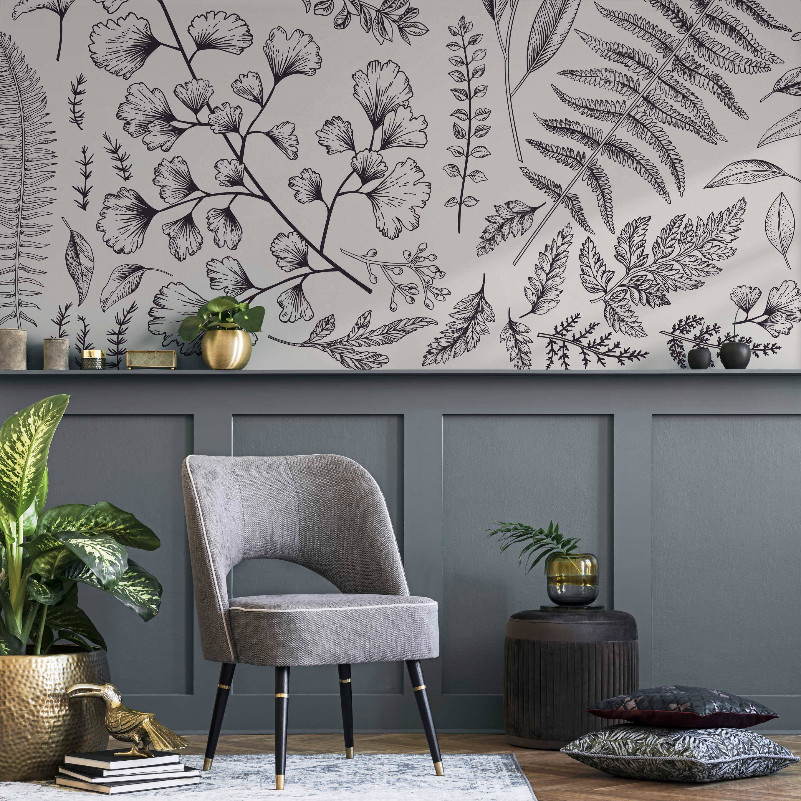 Botanical Wallpaper With Ginkgo And Fern Line Art In Black And White - C042