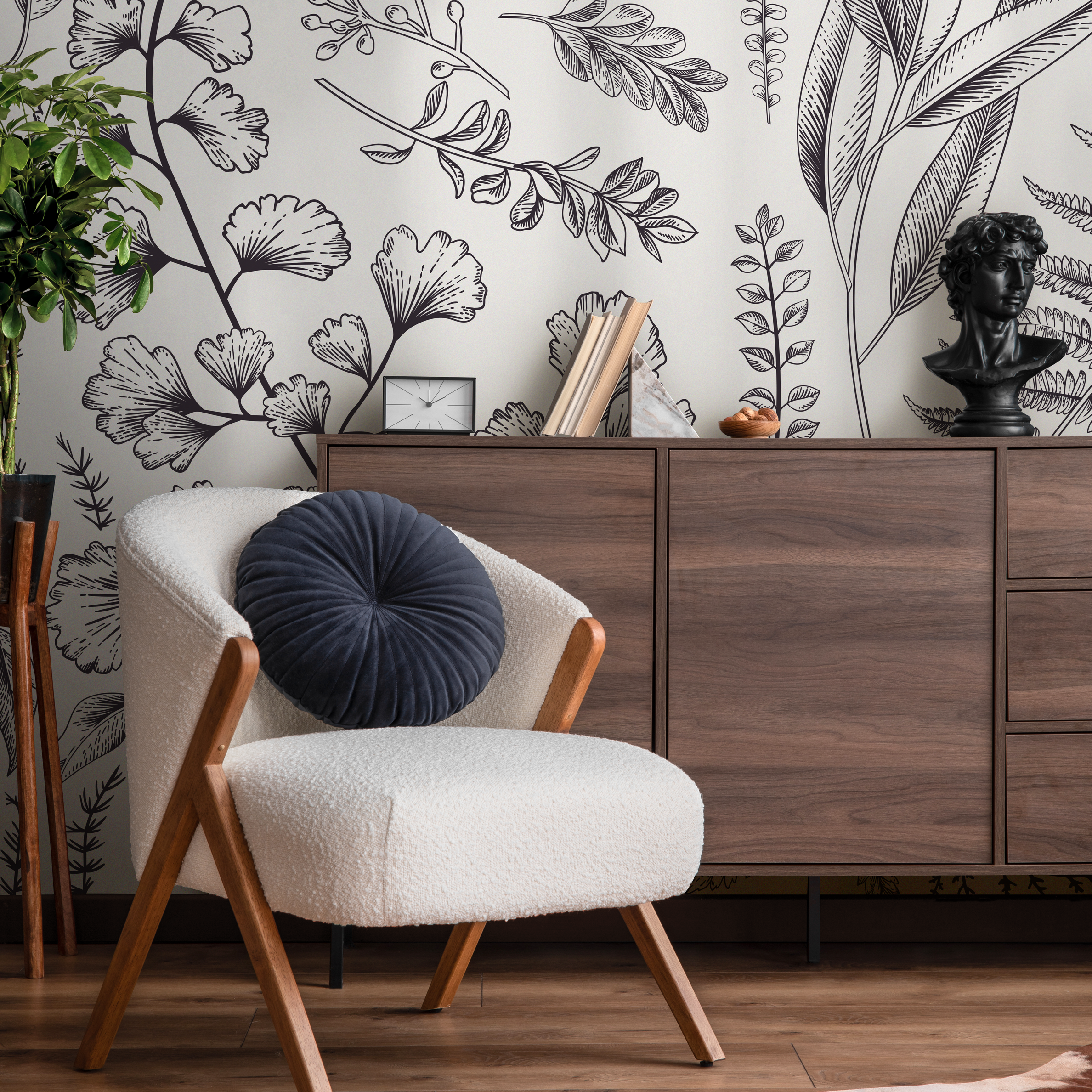 Botanical Wallpaper With Ginkgo And Fern Line Art In Black And White - C042