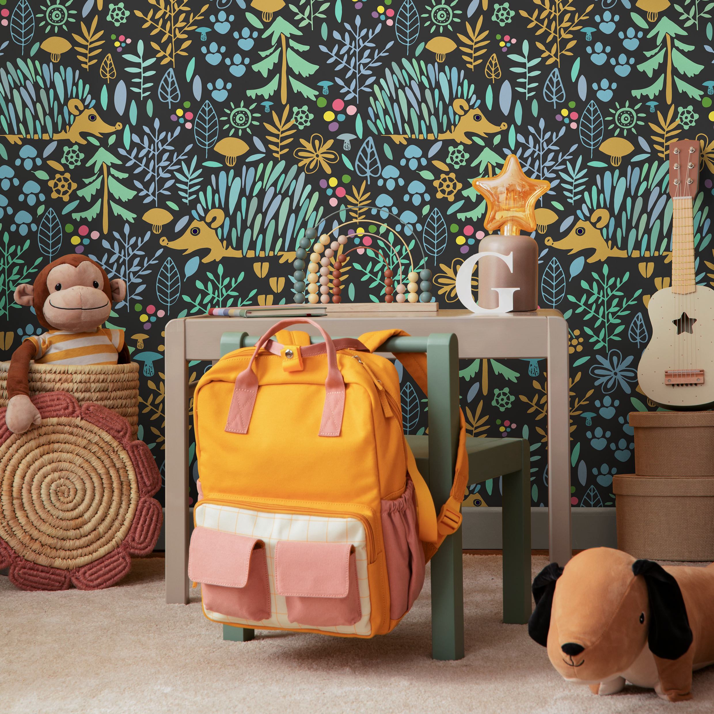 Woodland Wallpaper With Foxes And Flora In Blue, Yellow, And Green - C044