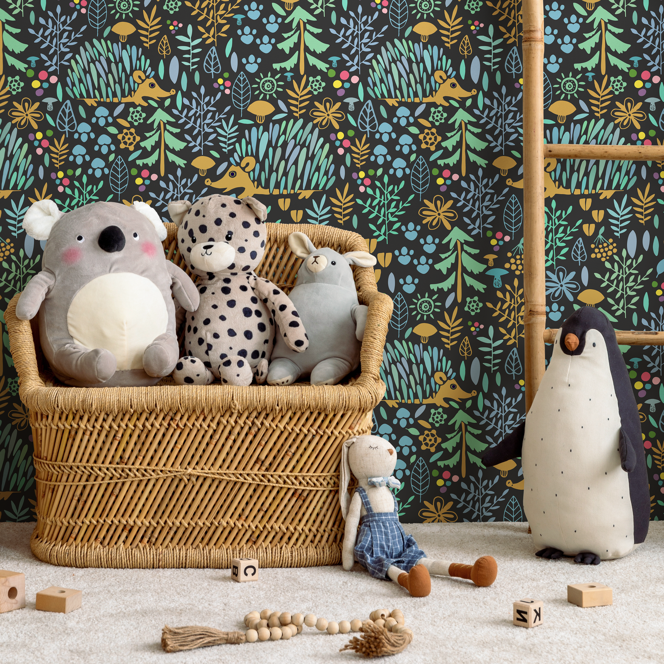 Woodland Wallpaper With Foxes And Flora In Blue, Yellow, And Green - C044