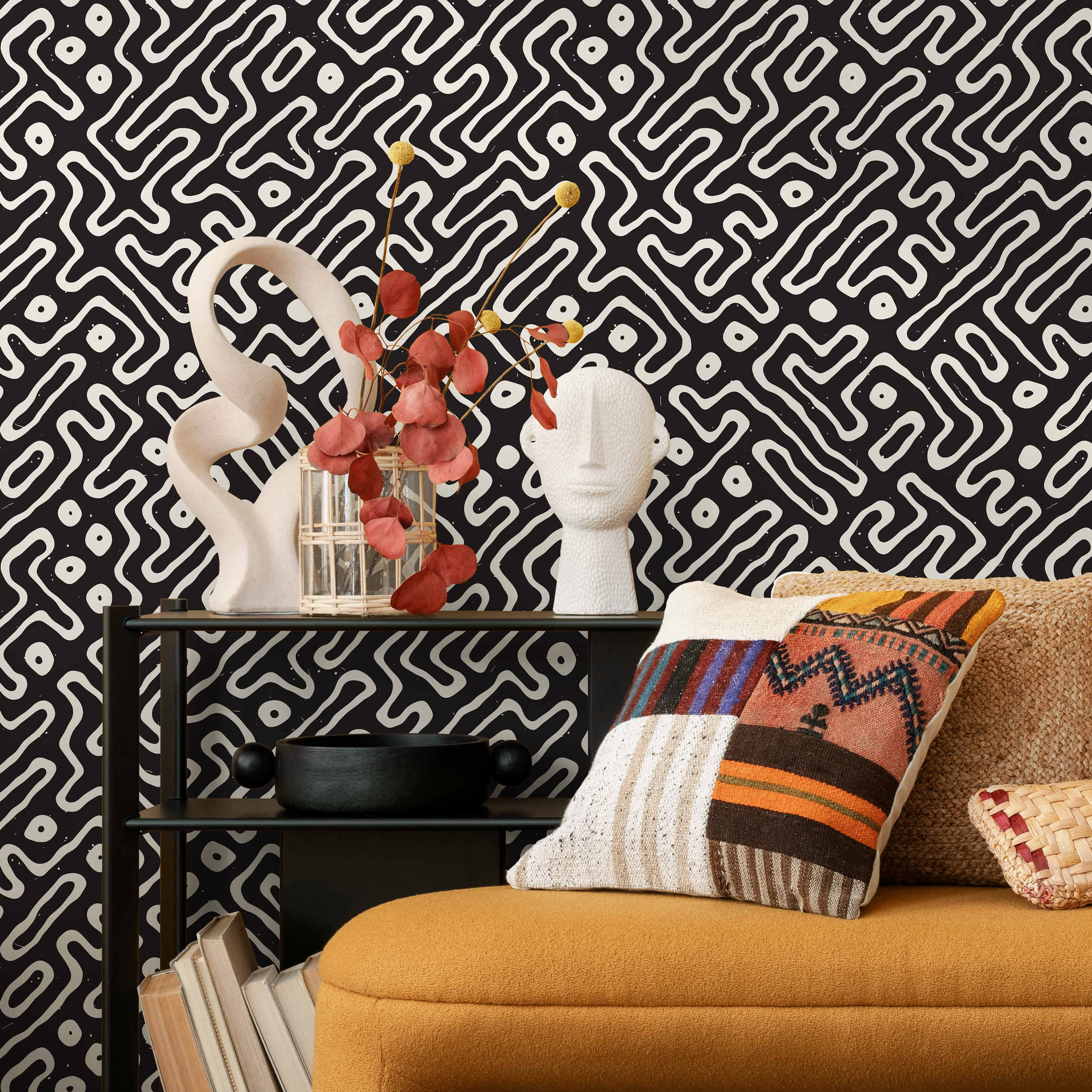 Abstract Wallpaper With A Hand-drawn Maze Motif In Black And White - C045