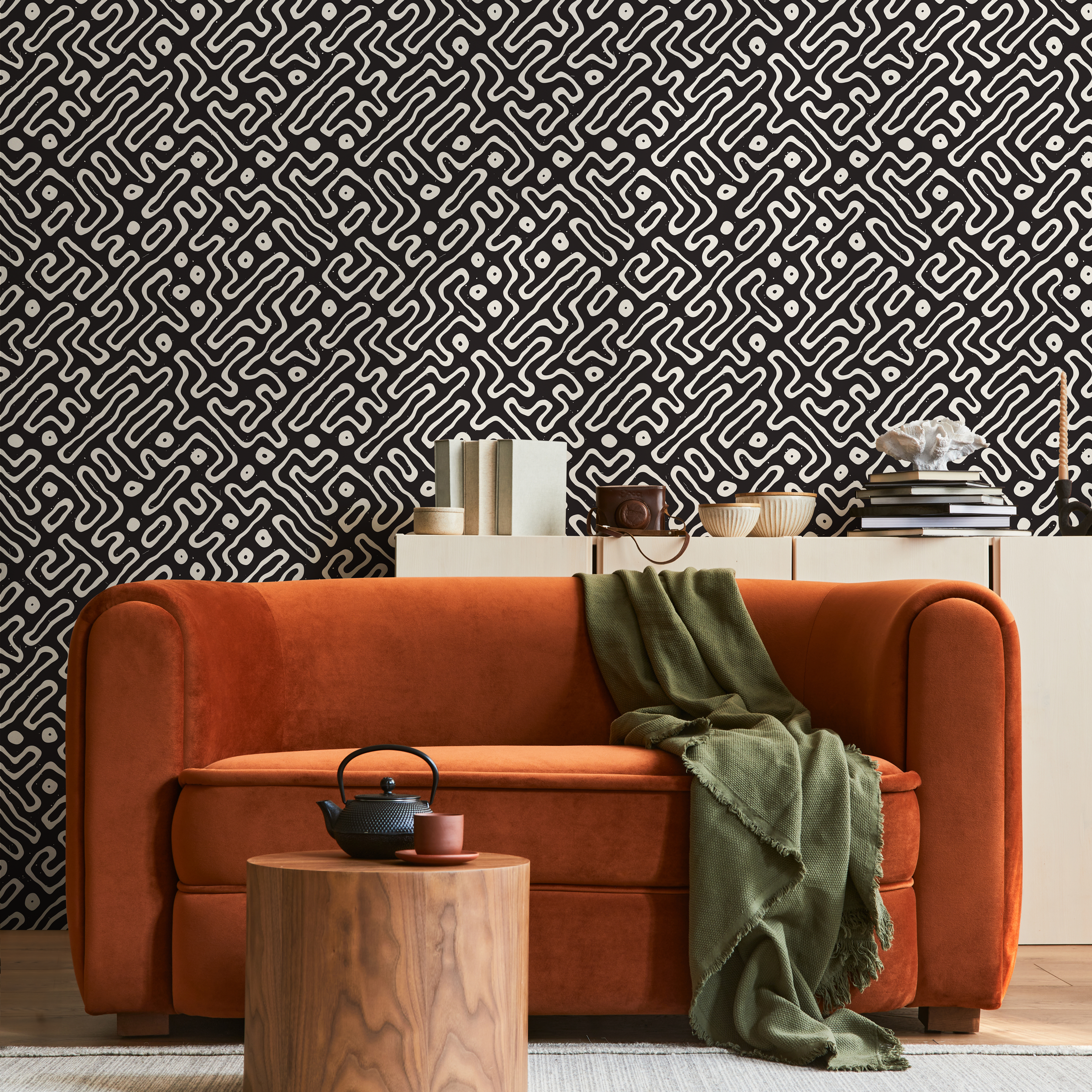 Abstract Wallpaper With A Hand-drawn Maze Motif In Black And White - C045