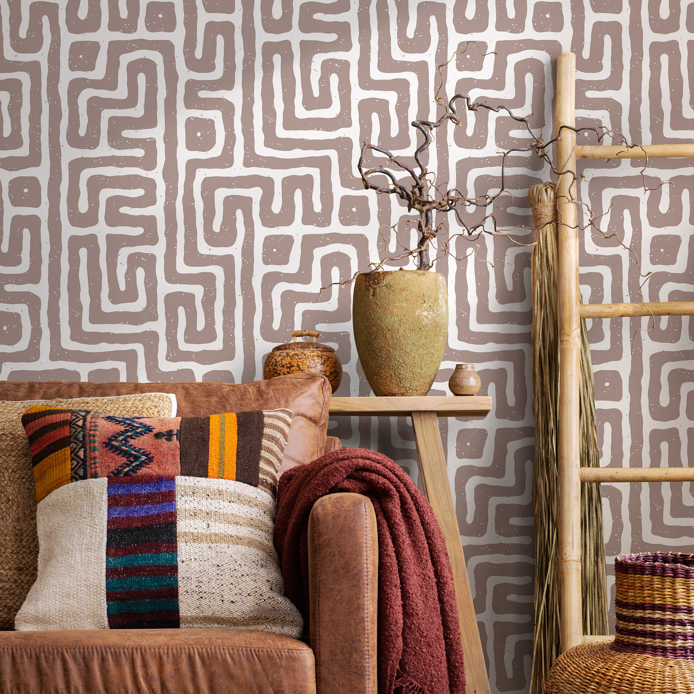 Geometric Wallpaper With A Tribal Labyrinth Motif In Brown And White - C047