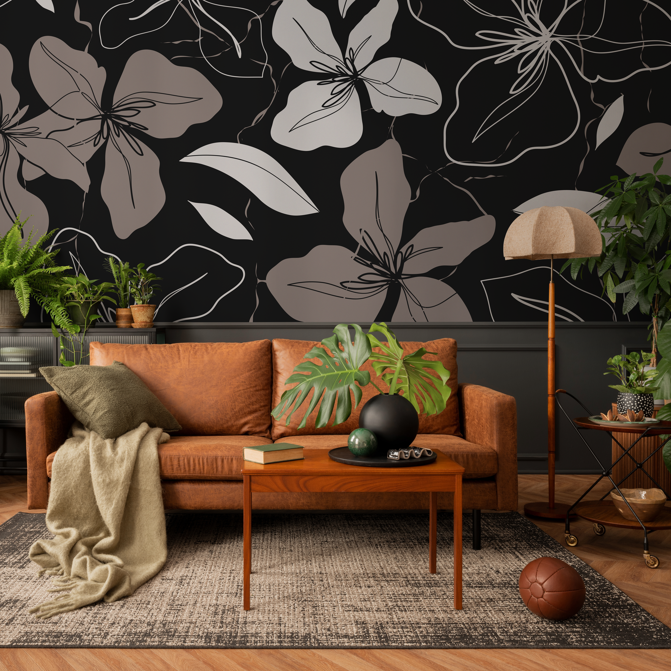 Floral Wallpaper With Elegant Line Art Flowers In Black And Beige - C050