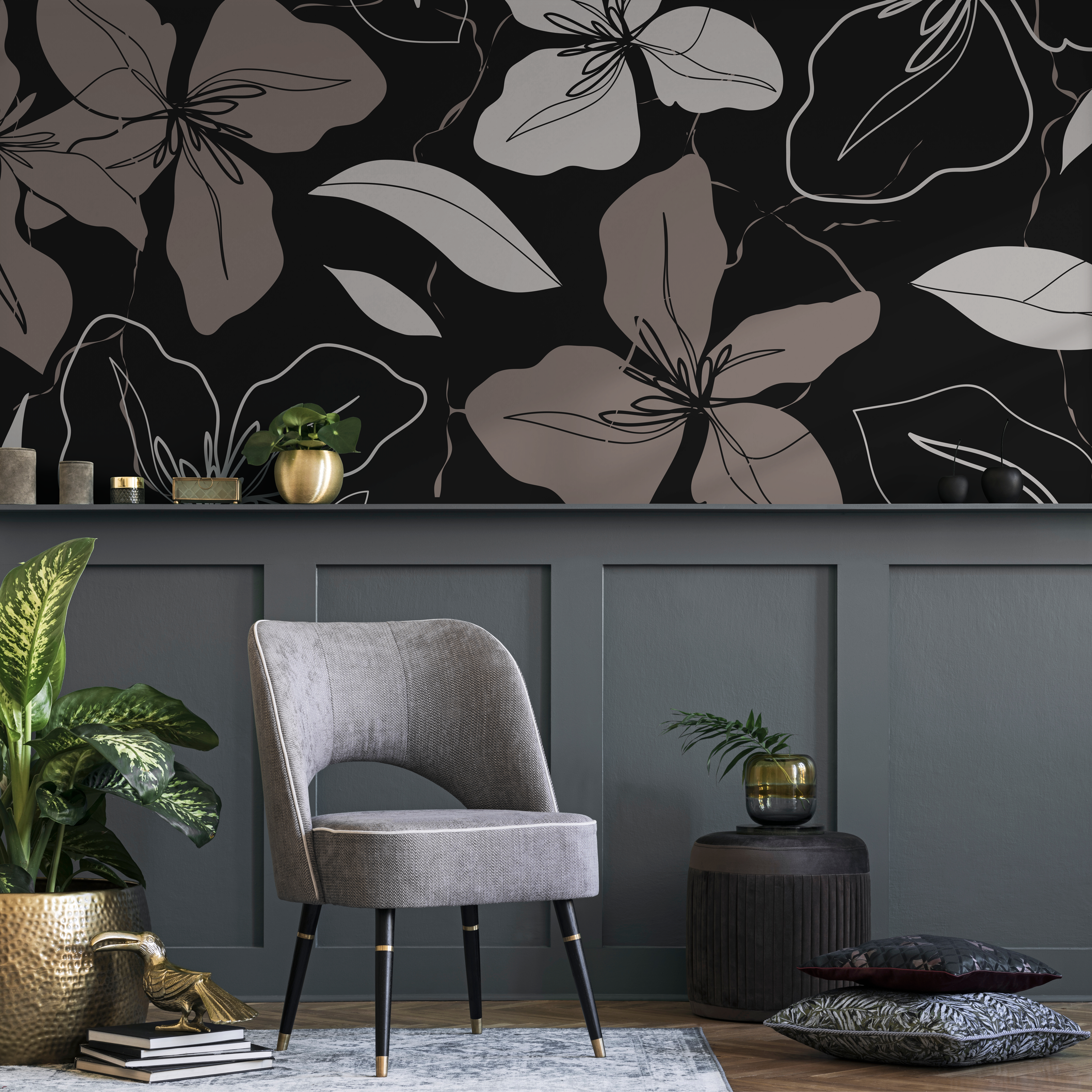 Floral Wallpaper With Elegant Line Art Flowers In Black And Beige - C050