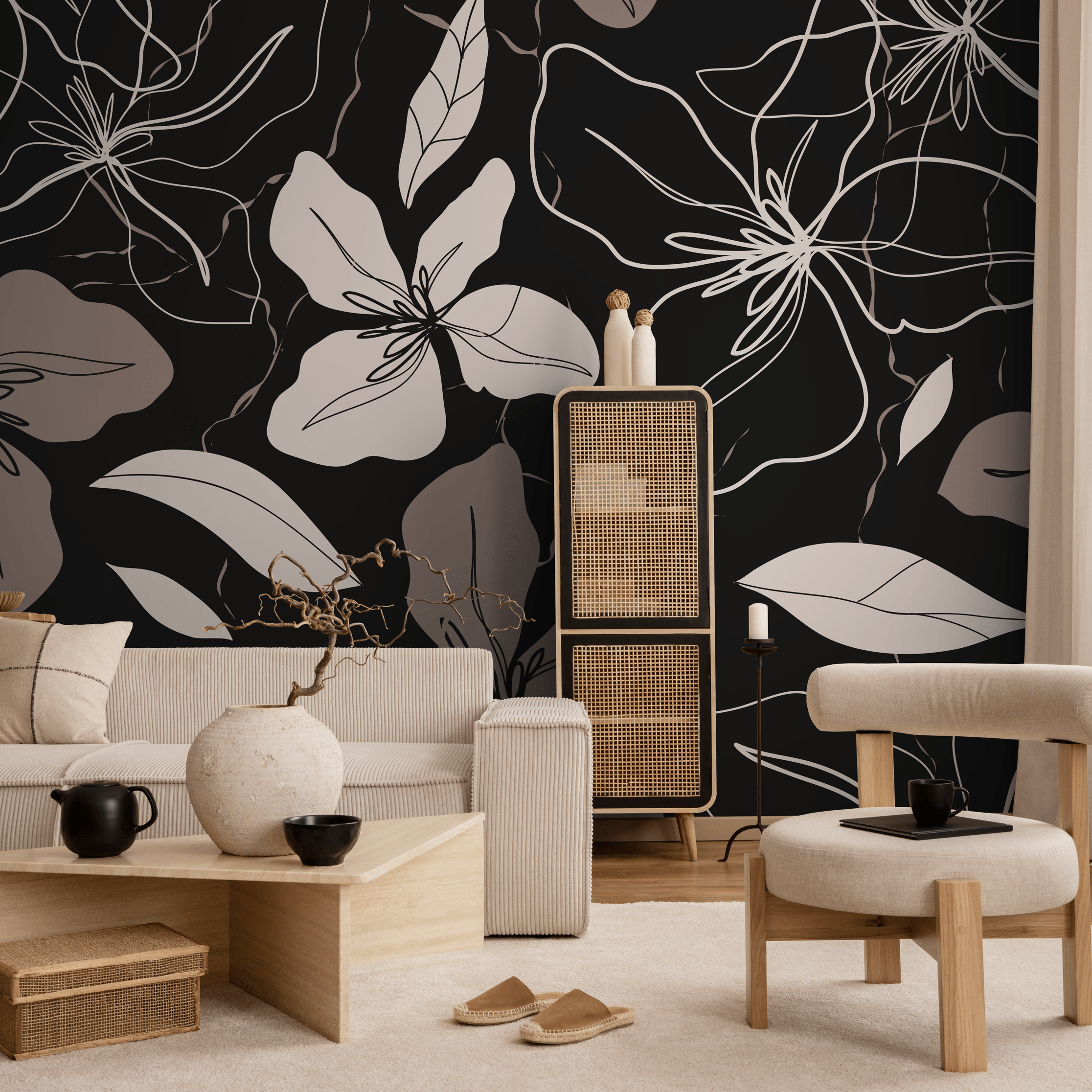 Floral Wallpaper With Elegant Line Art Flowers In Black And Beige - C050