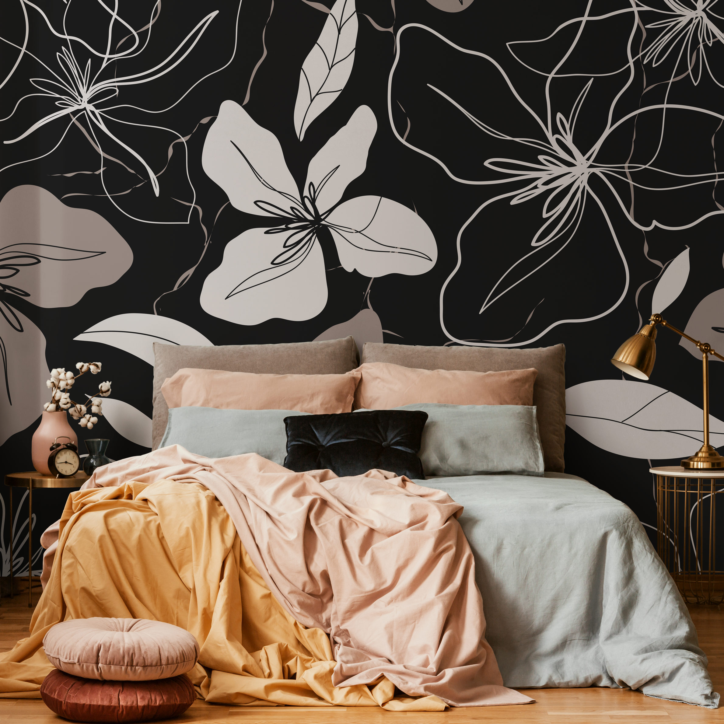 Floral Wallpaper With Elegant Line Art Flowers In Black And Beige - C050