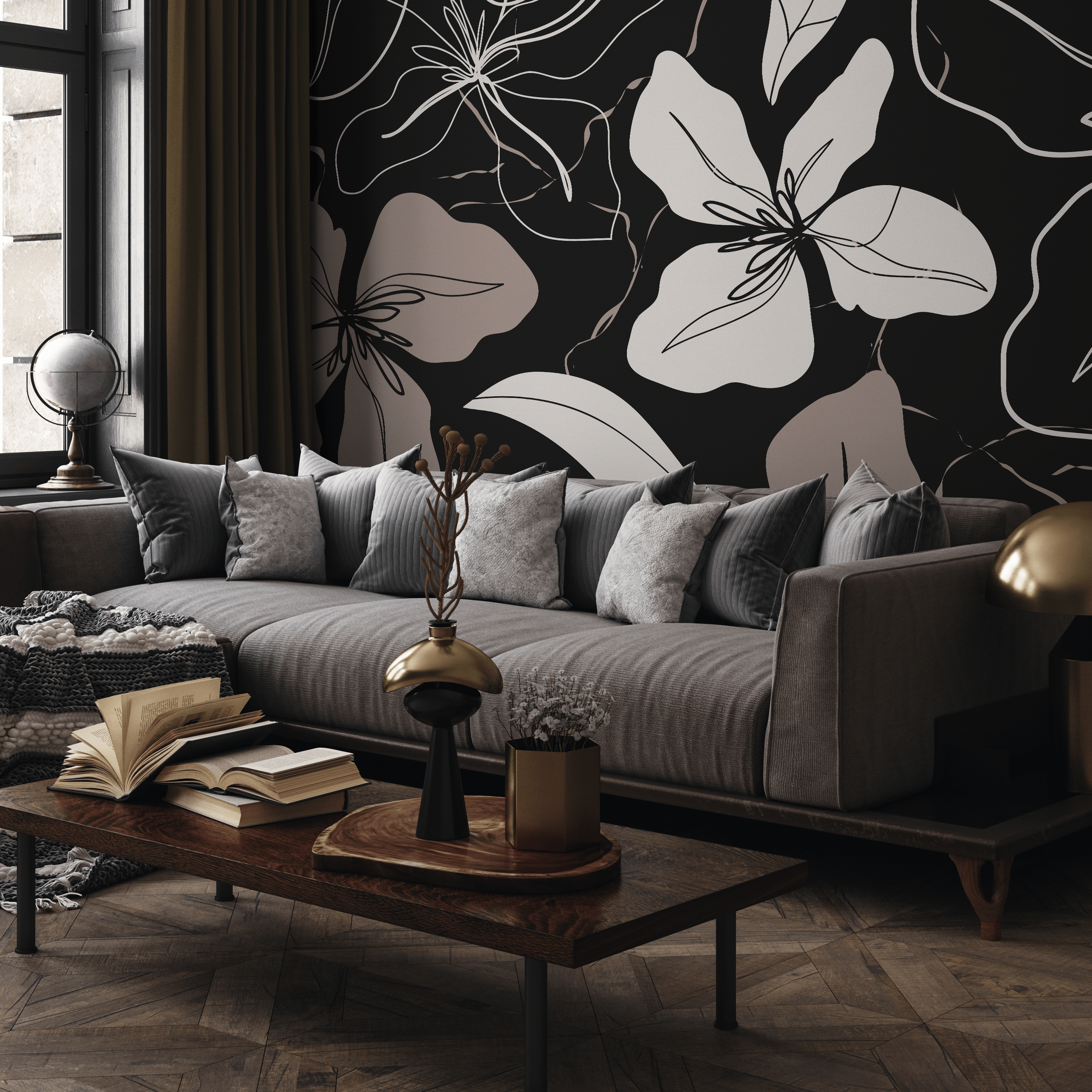 Floral Wallpaper With Elegant Line Art Flowers In Black And Beige - C050