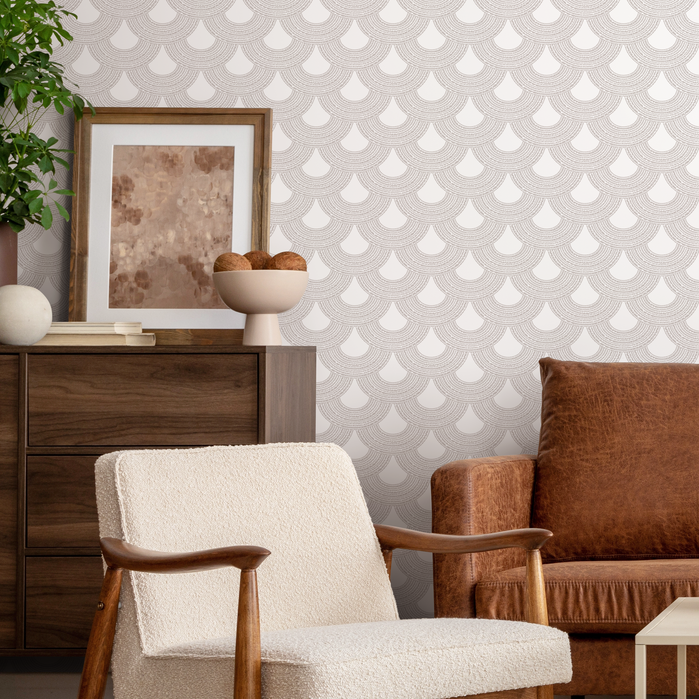 Geometric Wallpaper With A Dotted Scallop Pattern In Gray - C051